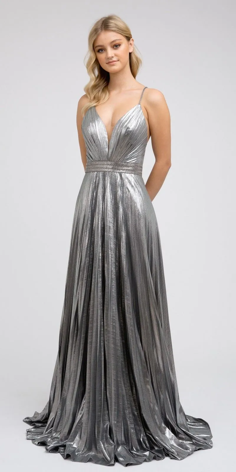 Juliet 226 Metallic Pleated Long Dress A-Line Lace-Up Back