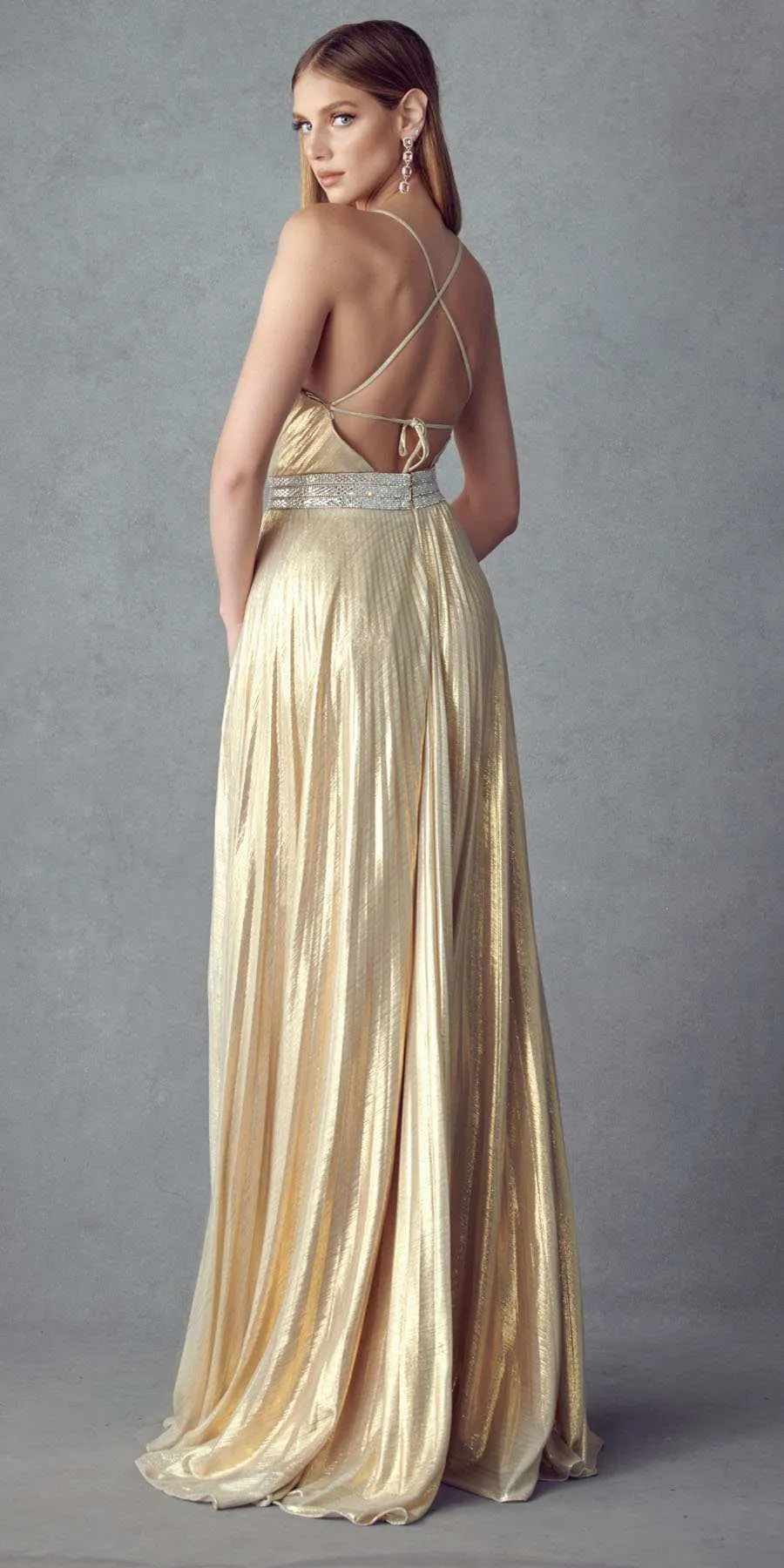 Juliet 226 Metallic Pleated Long Dress A-Line Lace-Up Back