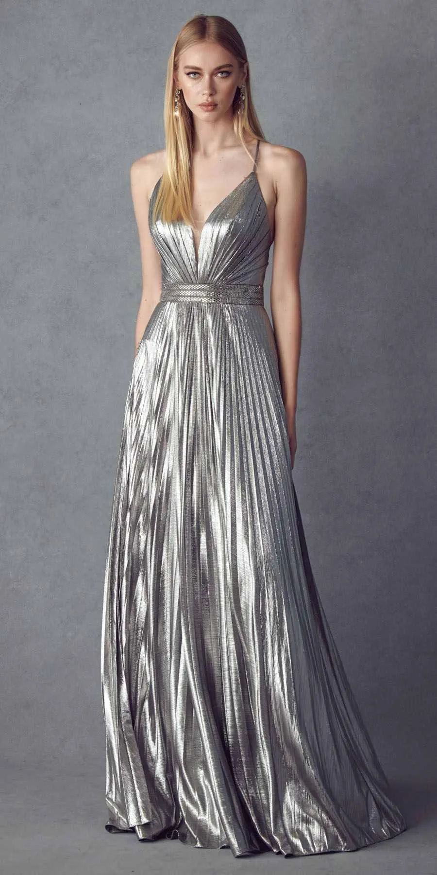 Juliet 226 Metallic Pleated Long Dress A-Line Lace-Up Back