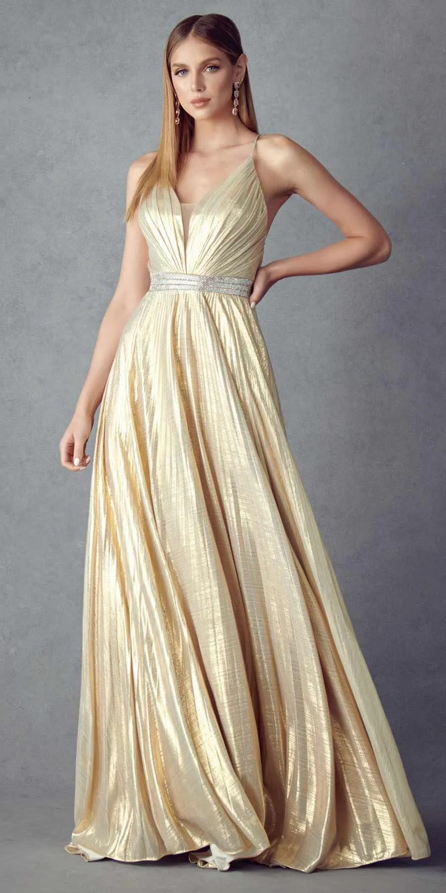 Juliet 226 Metallic Pleated Long Dress A-Line Lace-Up Back