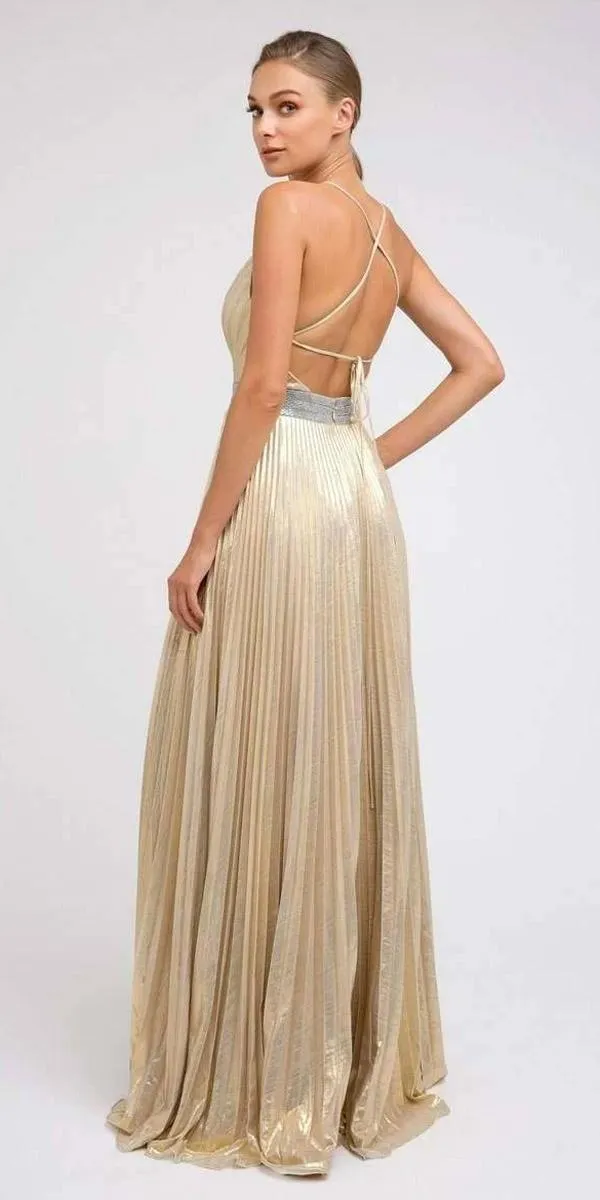 Juliet 226 Metallic Pleated Long Dress A-Line Lace-Up Back