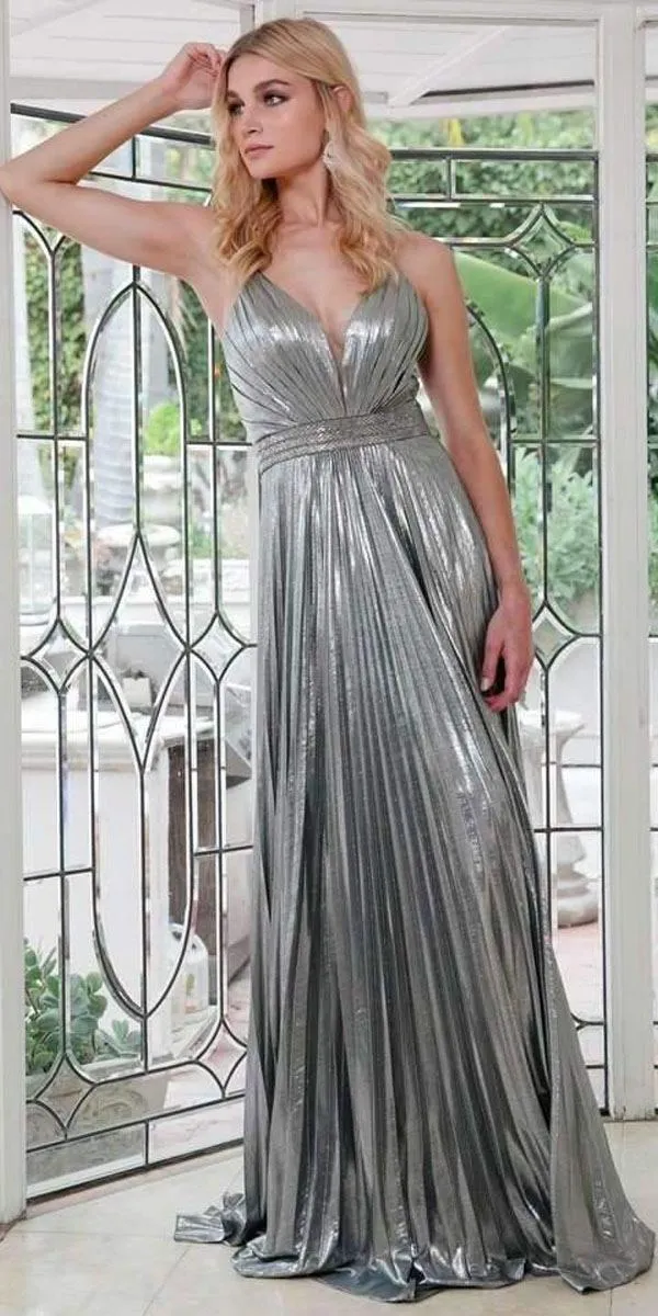 Juliet 226 Metallic Pleated Long Dress A-Line Lace-Up Back