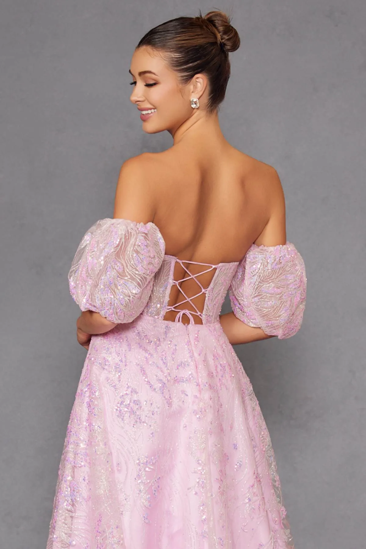 Juliet 2404 Strapless Sequin Tulle Ballgown Removable Puff Sleeves