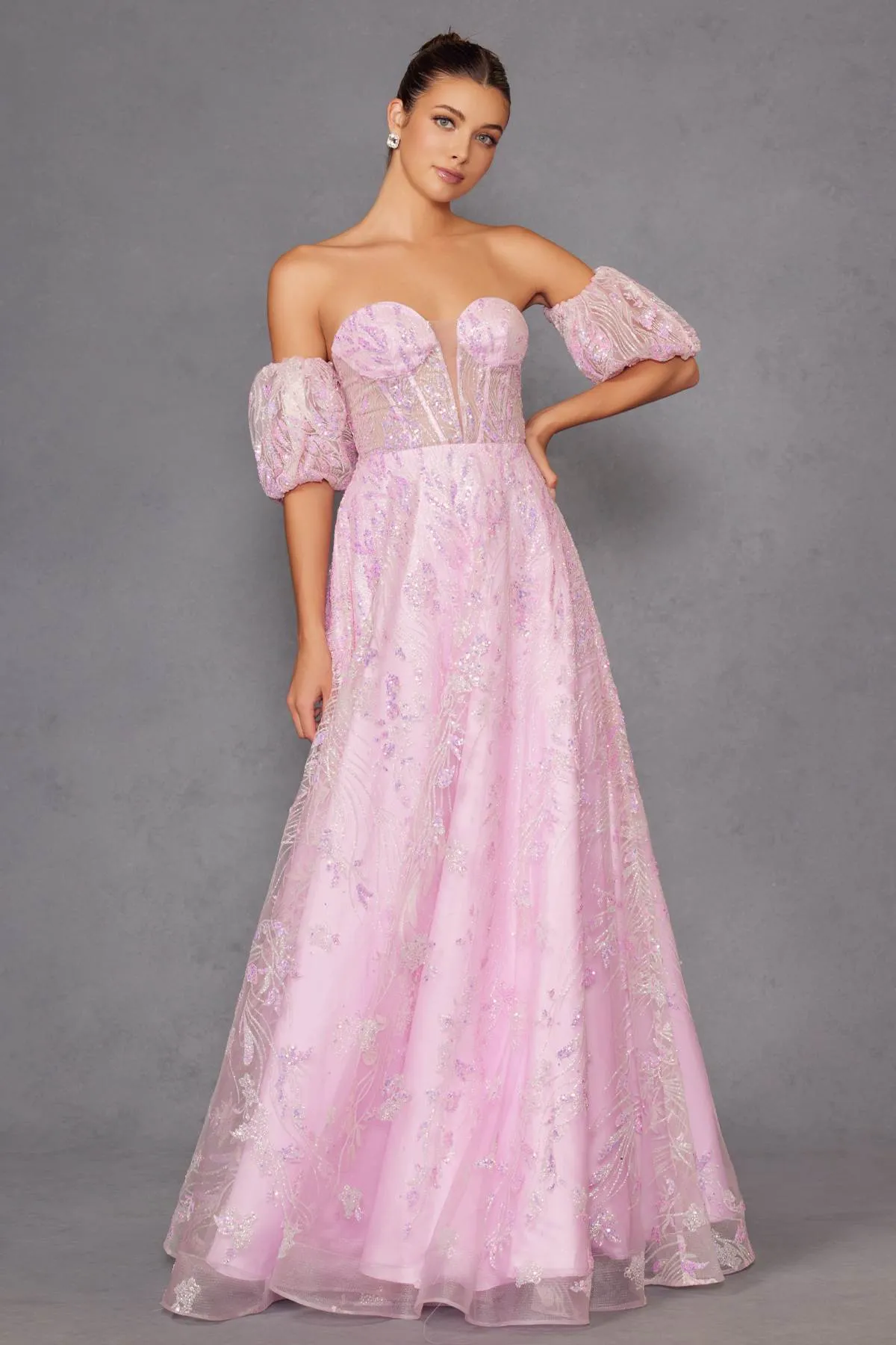 Juliet 2404 Strapless Sequin Tulle Ballgown Removable Puff Sleeves