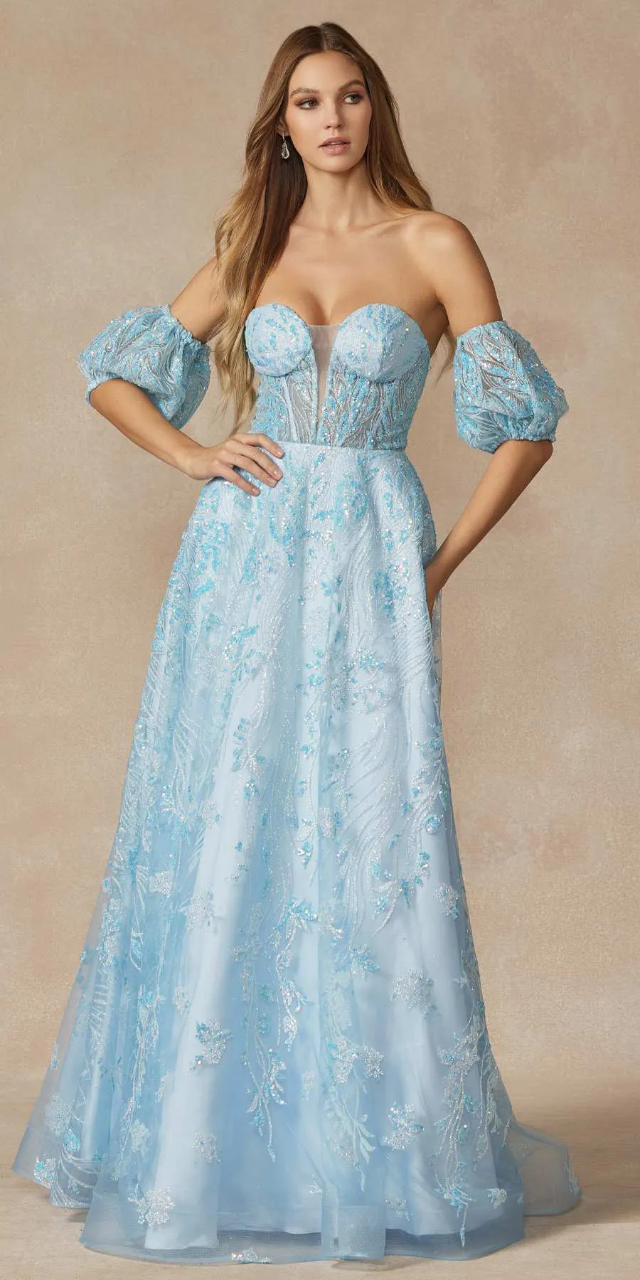 Juliet 2404 Strapless Sequin Tulle Ballgown Removable Puff Sleeves