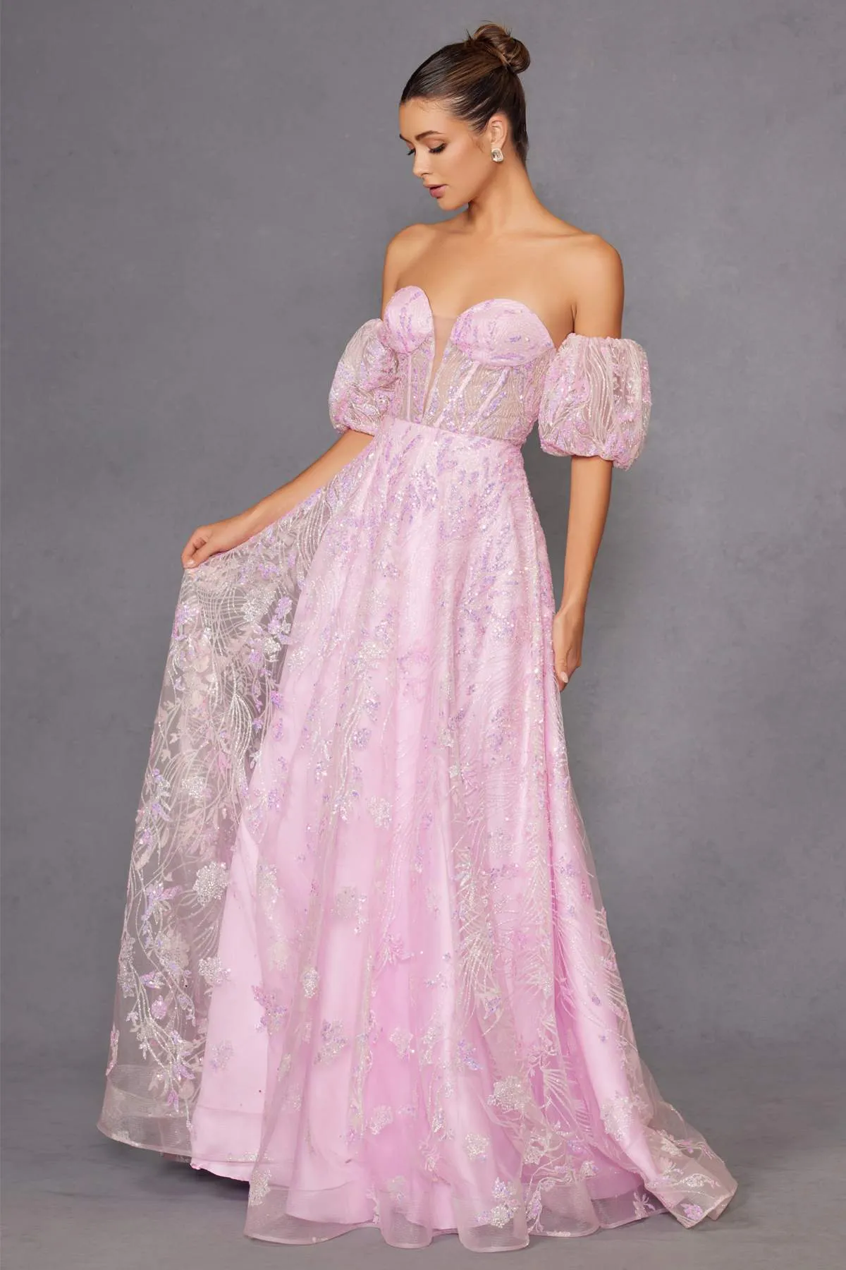 Juliet 2404 Strapless Sequin Tulle Ballgown Removable Puff Sleeves