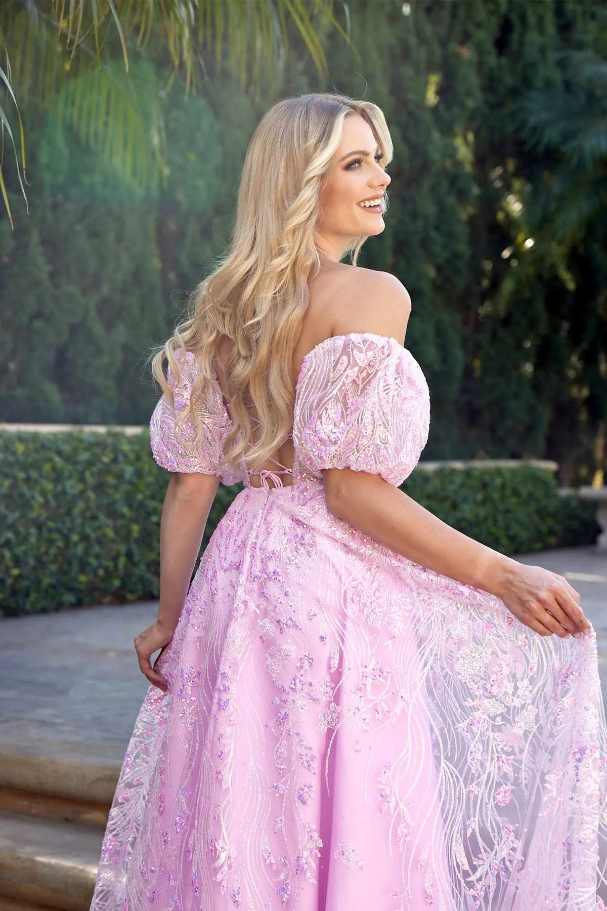 Juliet 2404 Strapless Sequin Tulle Ballgown Removable Puff Sleeves