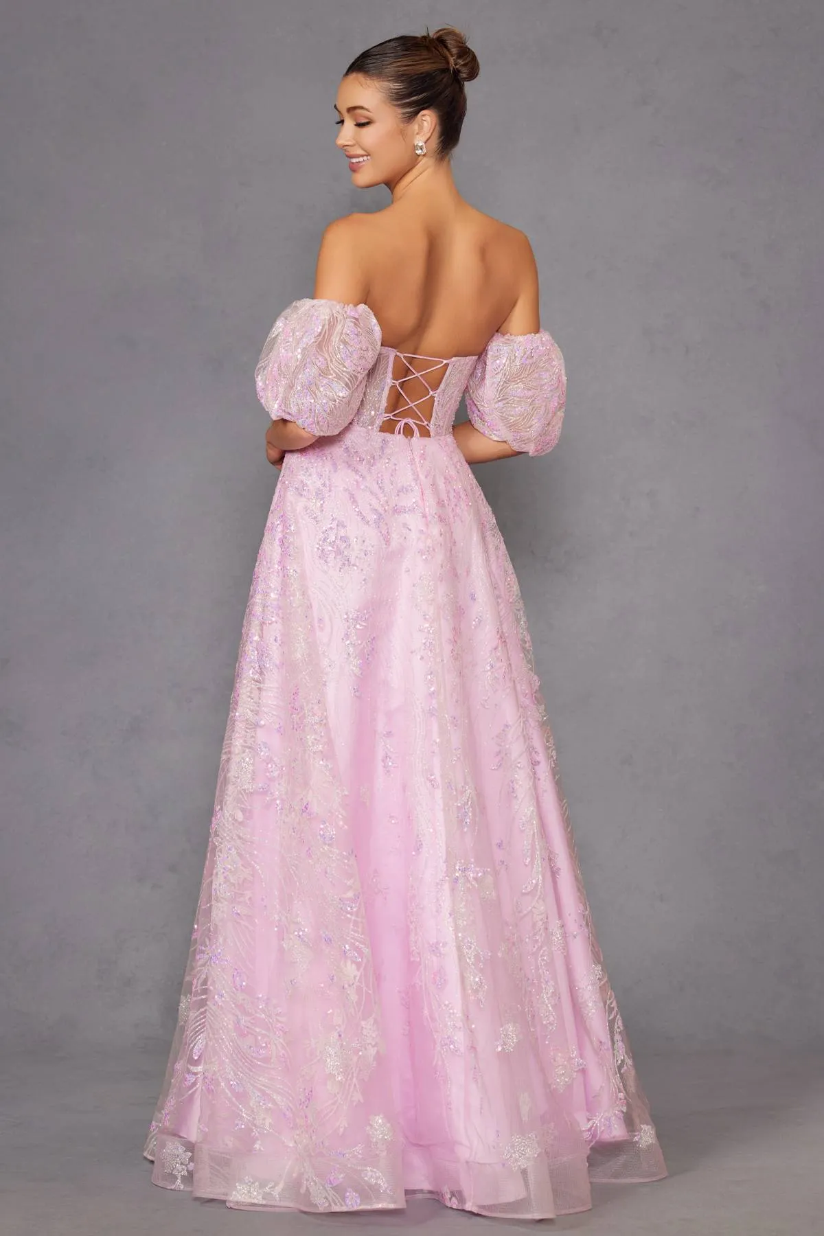 Juliet 2404 Strapless Sequin Tulle Ballgown Removable Puff Sleeves