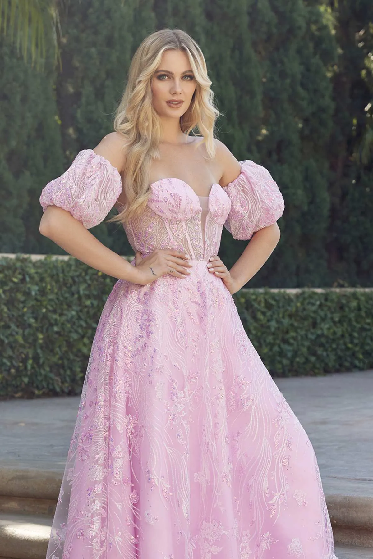 Juliet 2404 Strapless Sequin Tulle Ballgown Removable Puff Sleeves
