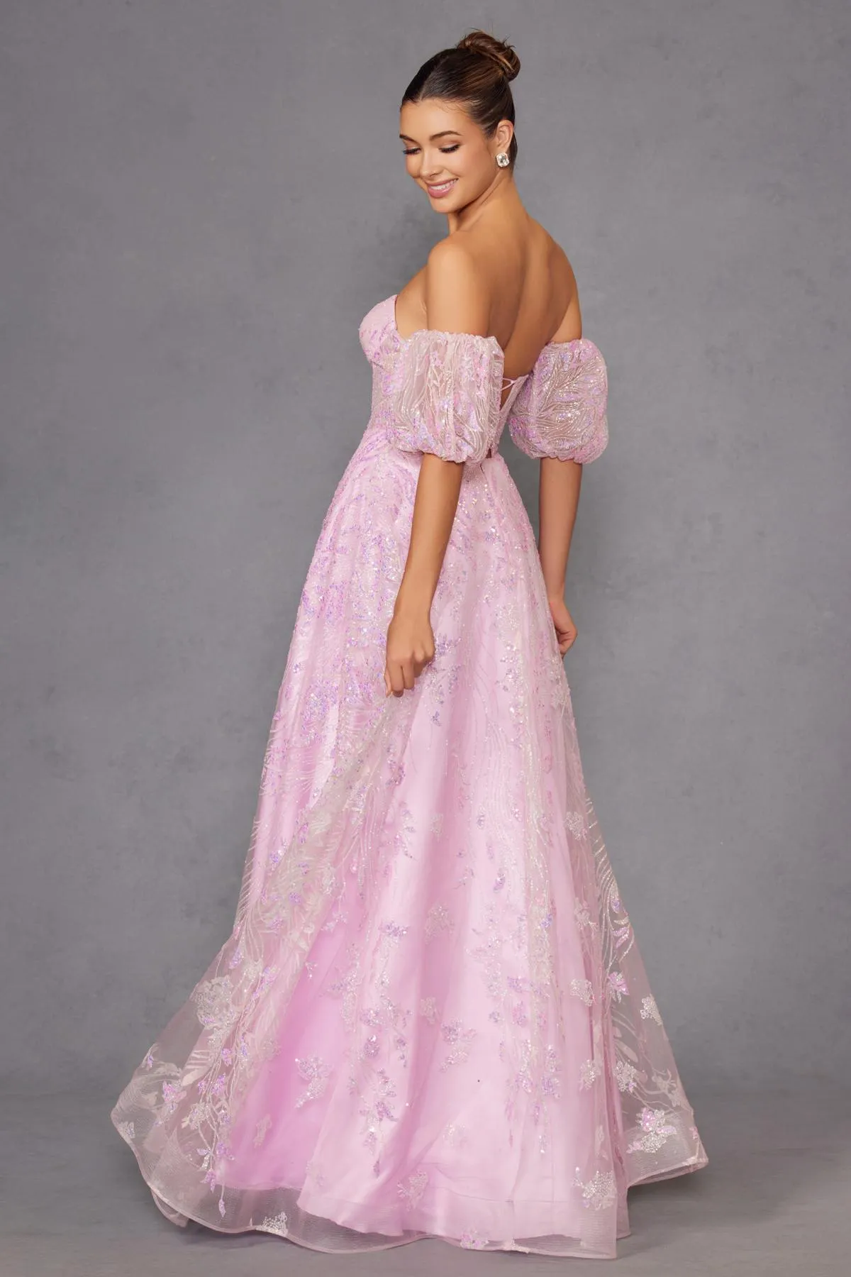 Juliet 2404 Strapless Sequin Tulle Ballgown Removable Puff Sleeves