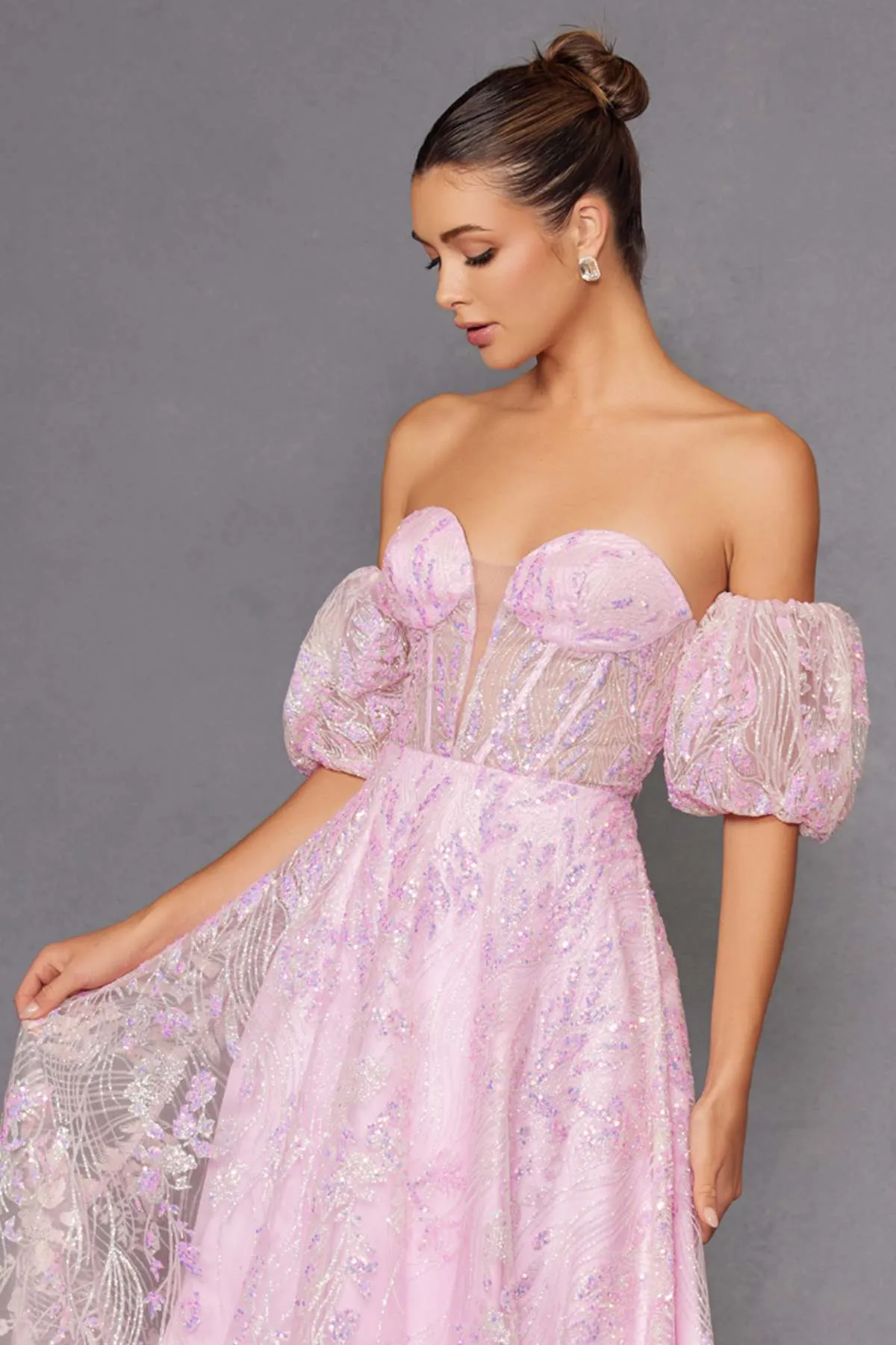 Juliet 2404 Strapless Sequin Tulle Ballgown Removable Puff Sleeves