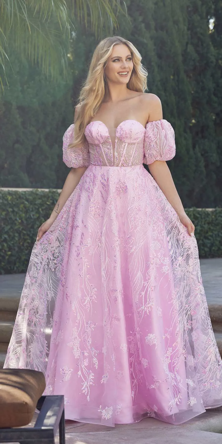 Juliet 2404 Strapless Sequin Tulle Ballgown Removable Puff Sleeves