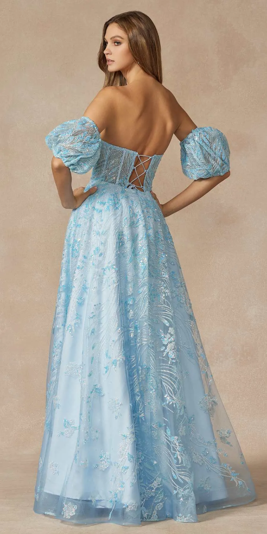 Juliet 2404 Strapless Sequin Tulle Ballgown Removable Puff Sleeves