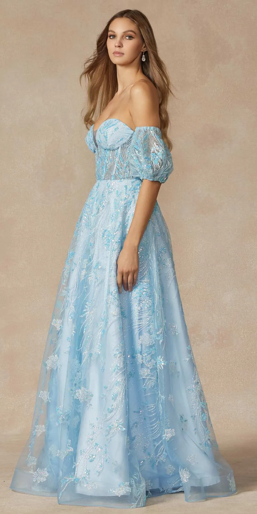 Juliet 2404 Strapless Sequin Tulle Ballgown Removable Puff Sleeves