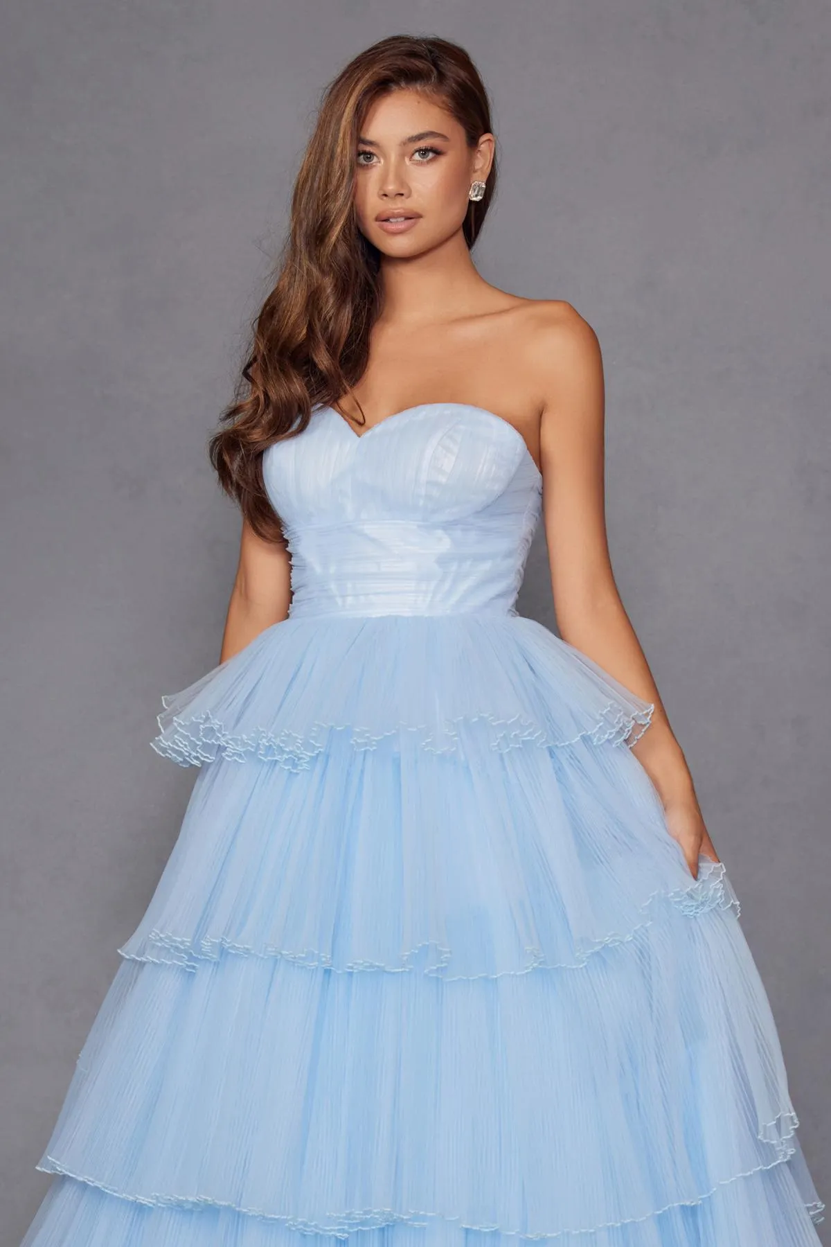 Juliet JT2452K Long Pleated Strapless Tiered Ruffle Tulle A-Line Gown