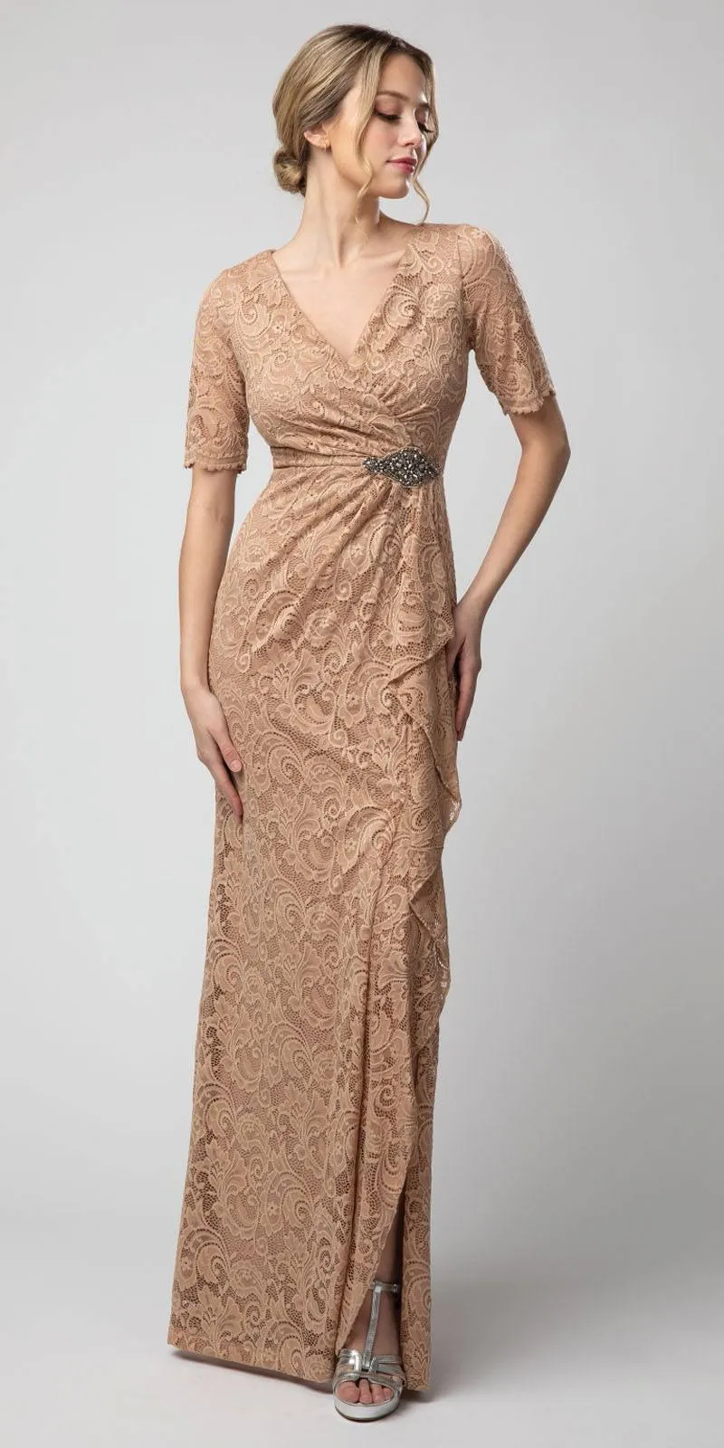 Juno 1078 Lace Long Dress with Brooch and Drapes