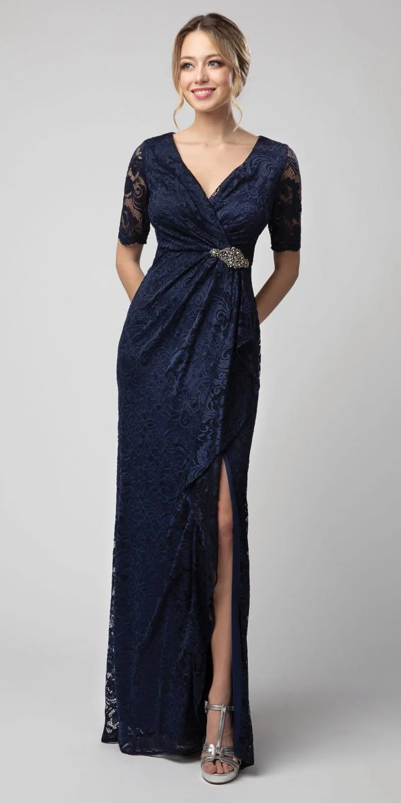 Juno 1078 Lace Long Dress with Brooch and Drapes