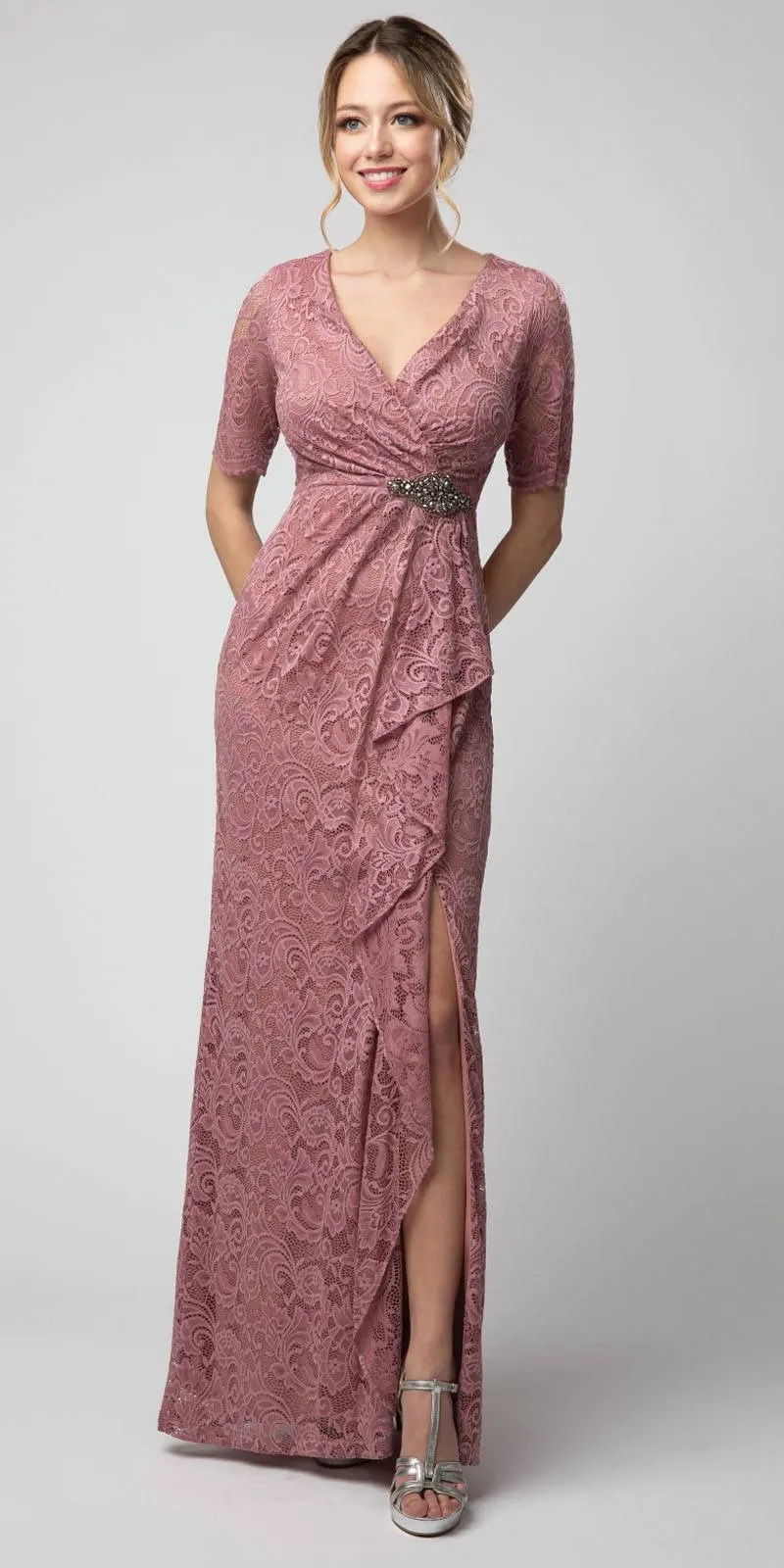 Juno 1078 Lace Long Dress with Brooch and Drapes