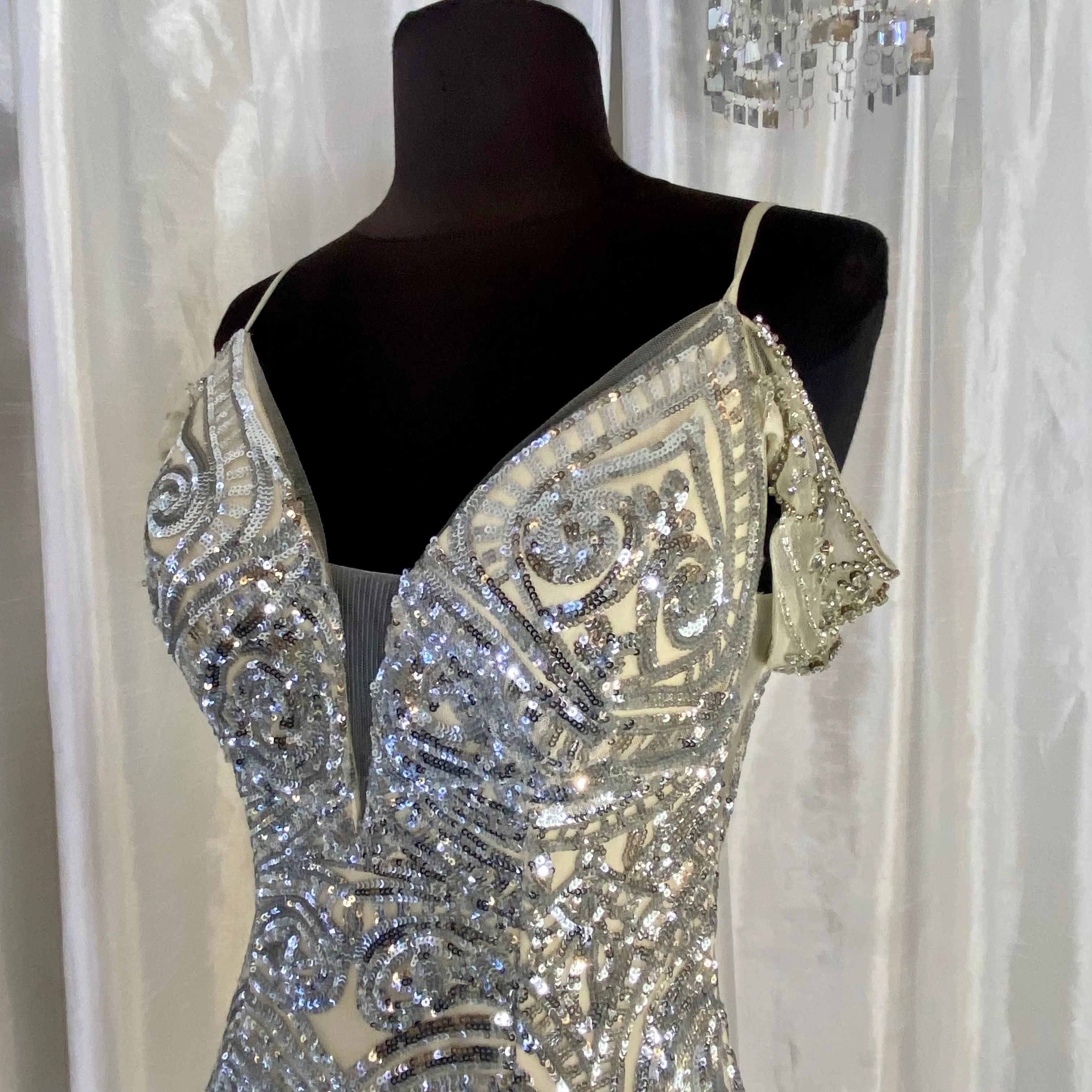 JVN By JOVANI JVN67256BG Long Gown Silver/Nude Size 0