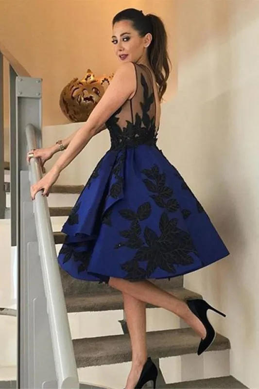 Knee-Length Backless Royal Blue Satin Homecoming Dress With Appliques TR0176
