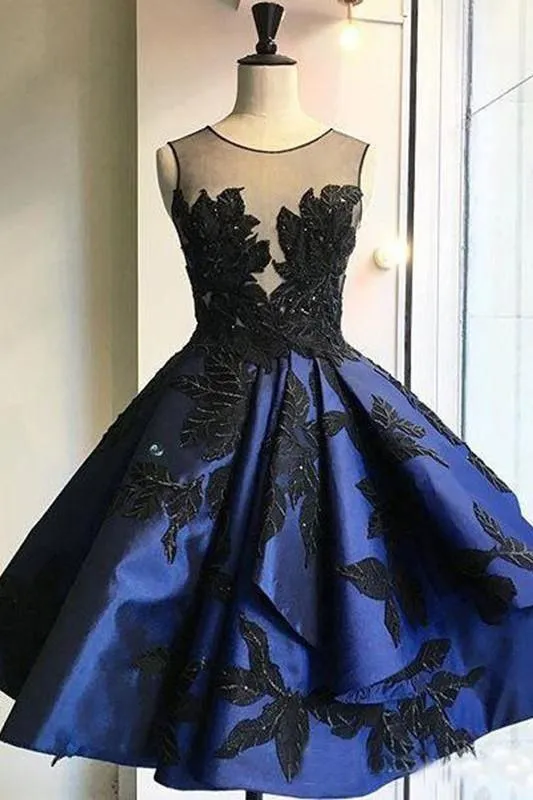 Knee-Length Backless Royal Blue Satin Homecoming Dress With Appliques TR0176