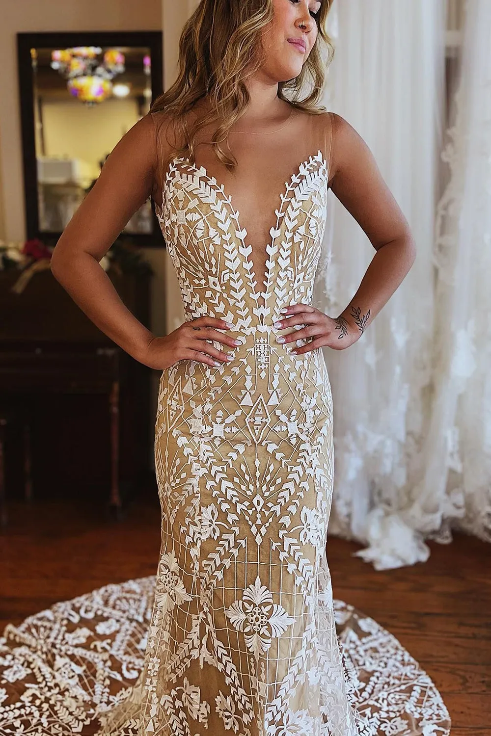 Kori | Champagne Illusion Boat Neck Mermaid Long Lace Wedding Dress
