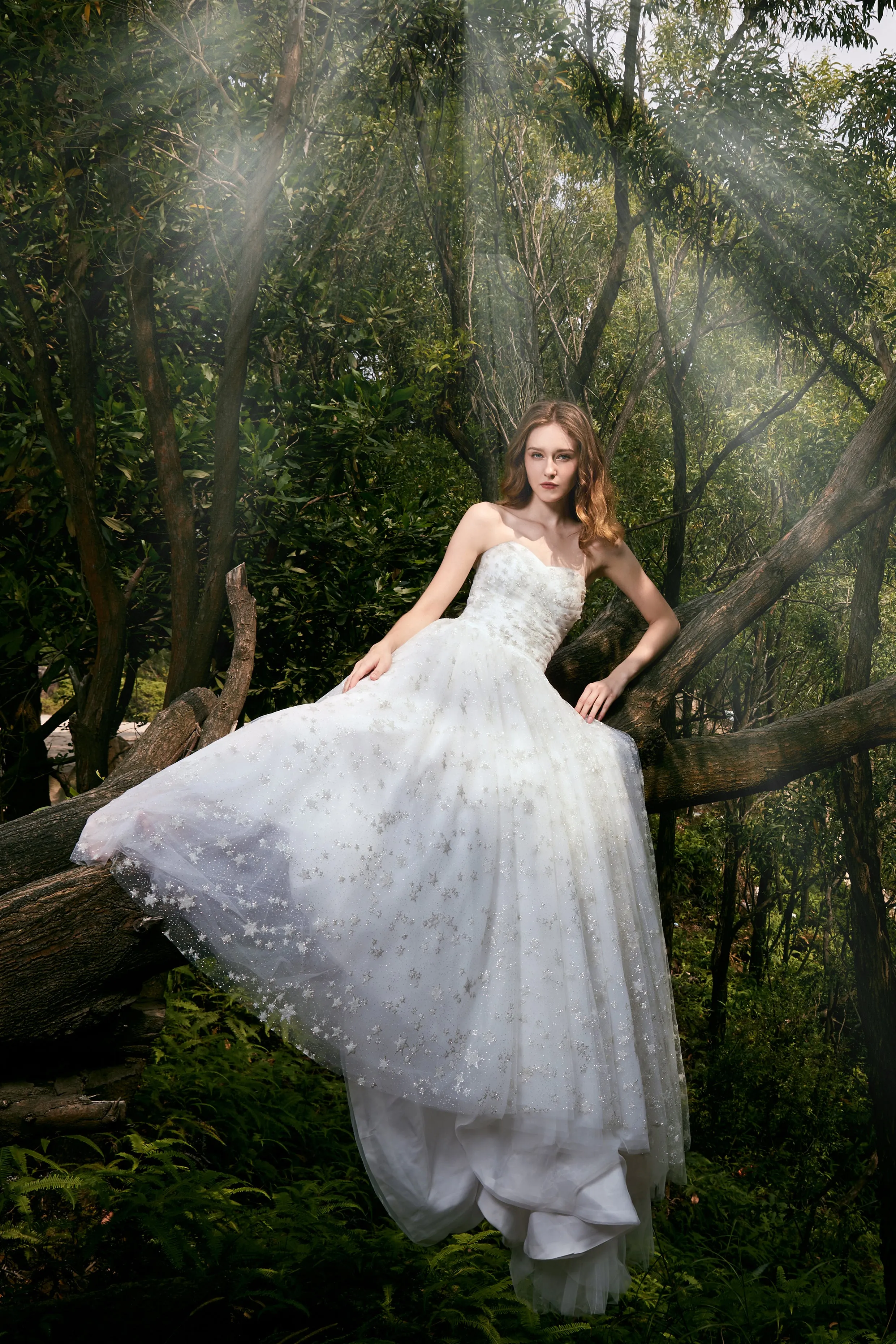 La Galaxia - Selena Huan clean-cut strapless natural flow star glittering lace ball gown
