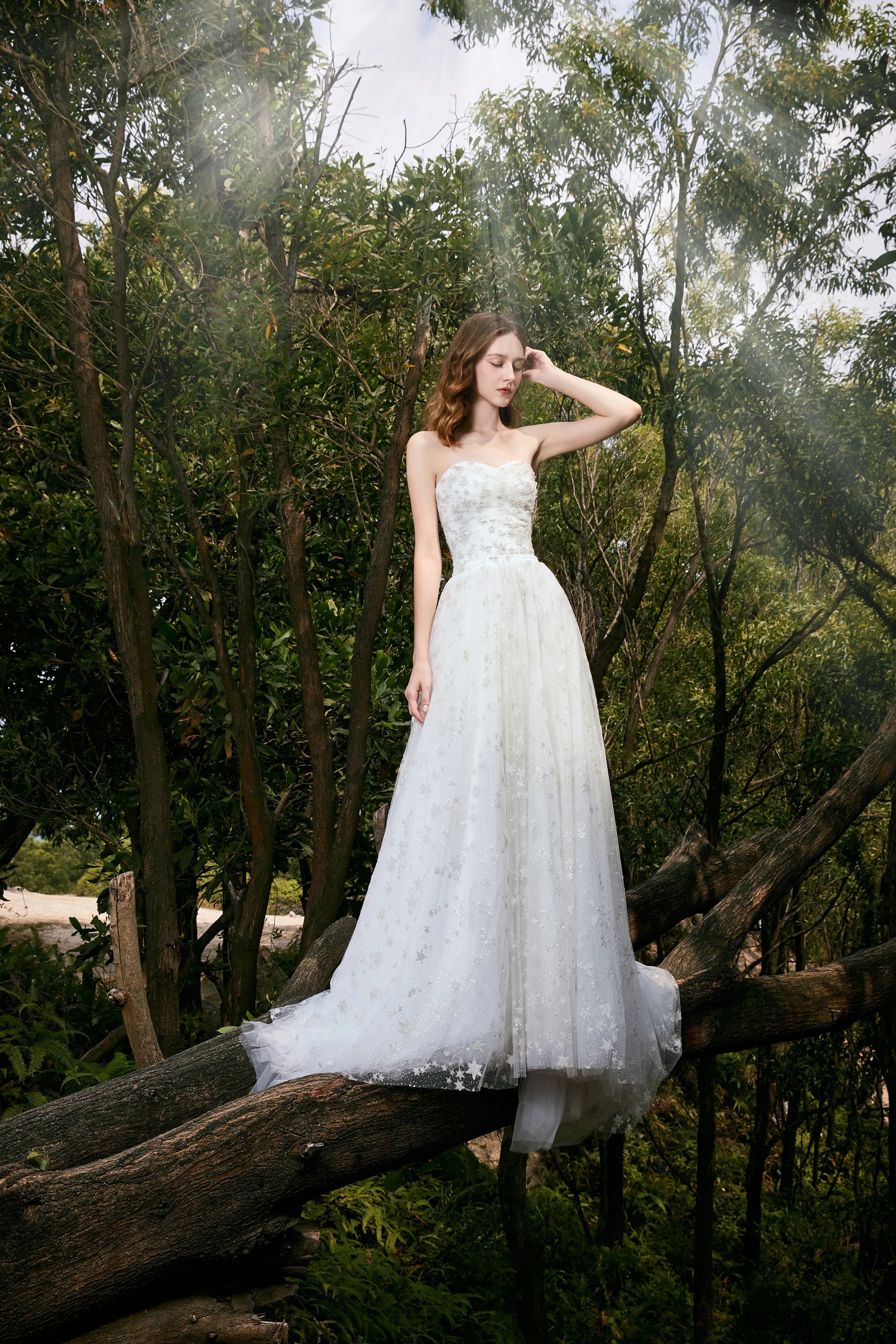 La Galaxia - Selena Huan clean-cut strapless natural flow star glittering lace ball gown