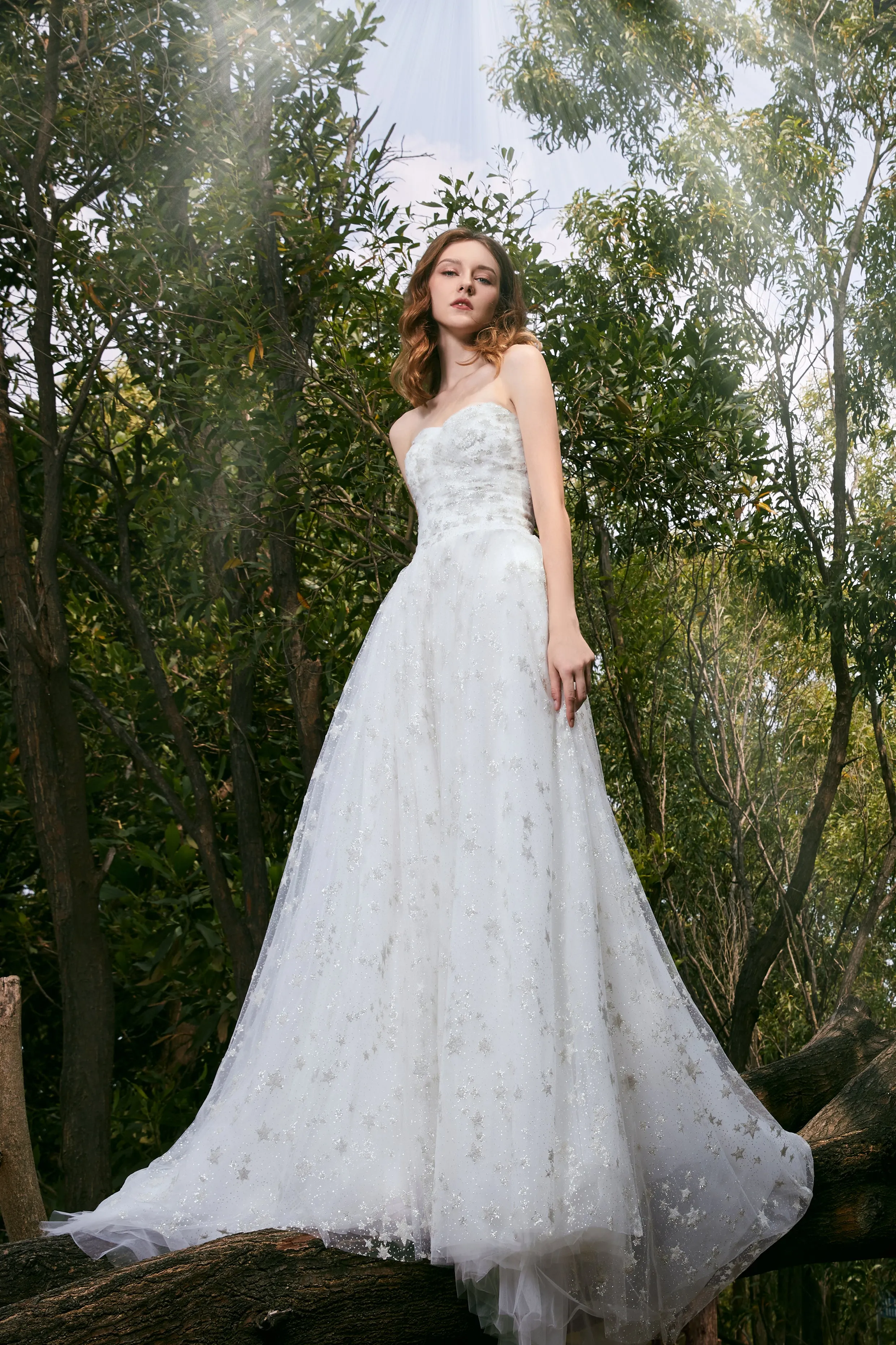 La Galaxia - Selena Huan clean-cut strapless natural flow star glittering lace ball gown