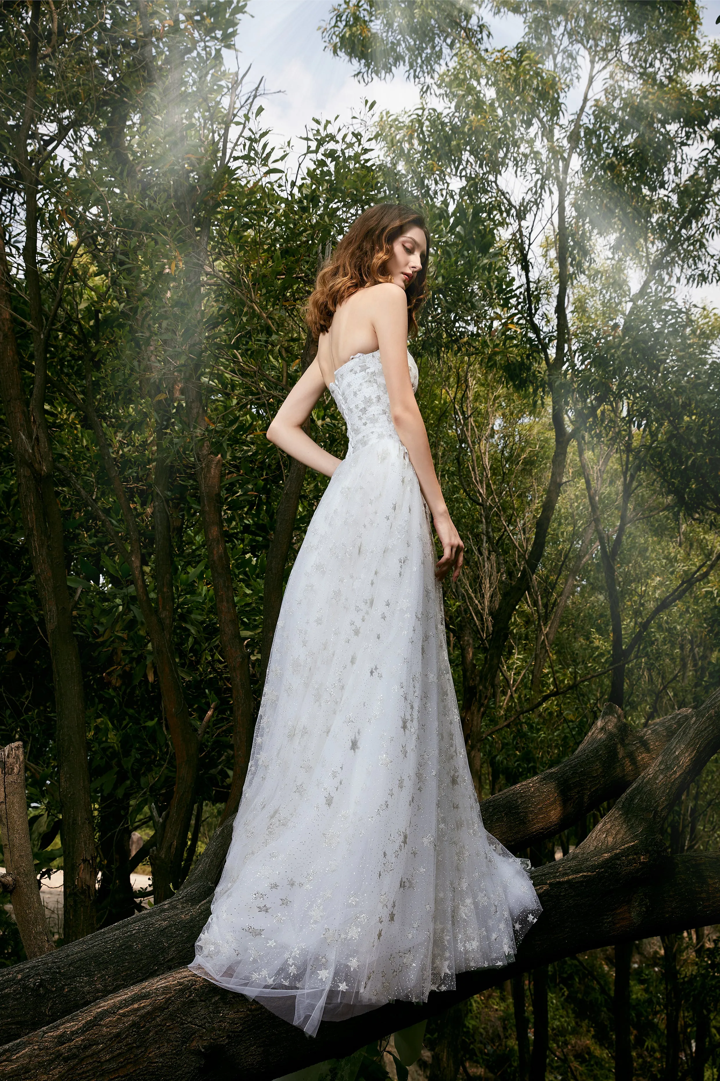 La Galaxia - Selena Huan clean-cut strapless natural flow star glittering lace ball gown