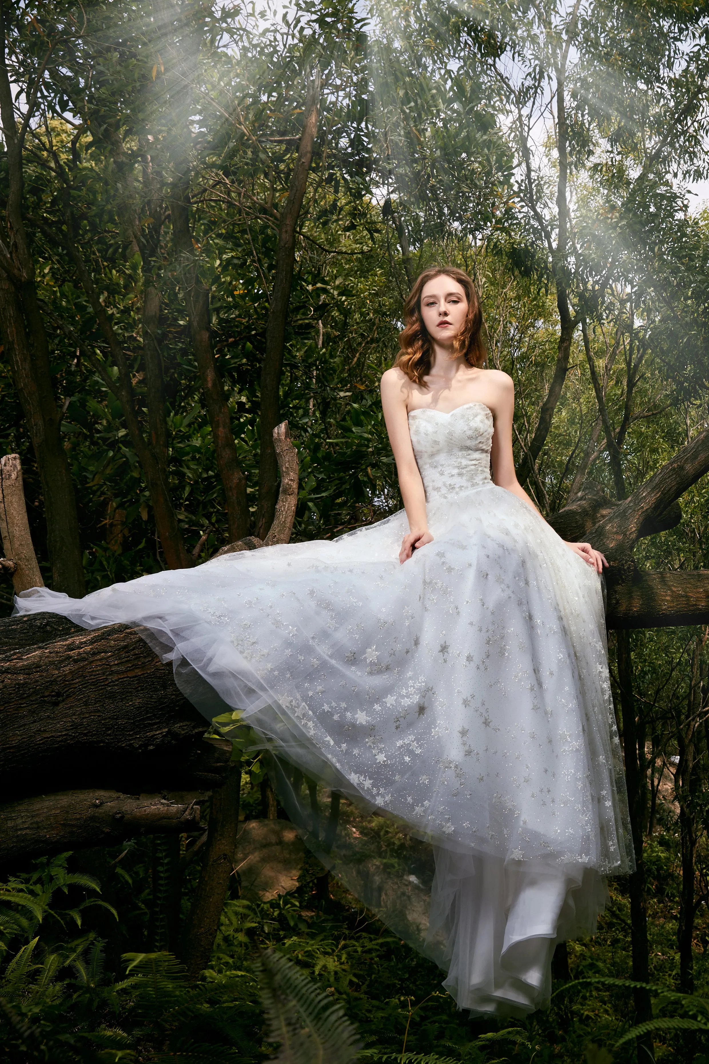 La Galaxia - Selena Huan clean-cut strapless natural flow star glittering lace ball gown