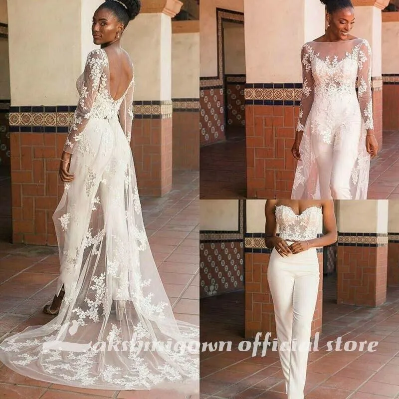 Lace Appliques Wedding Jumpsuit with Wrap Train