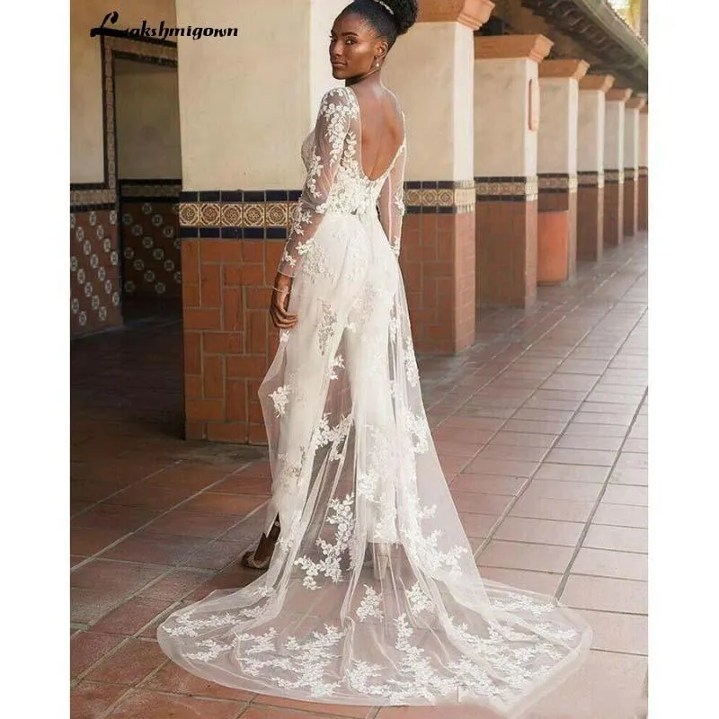 Lace Appliques Wedding Jumpsuit with Wrap Train