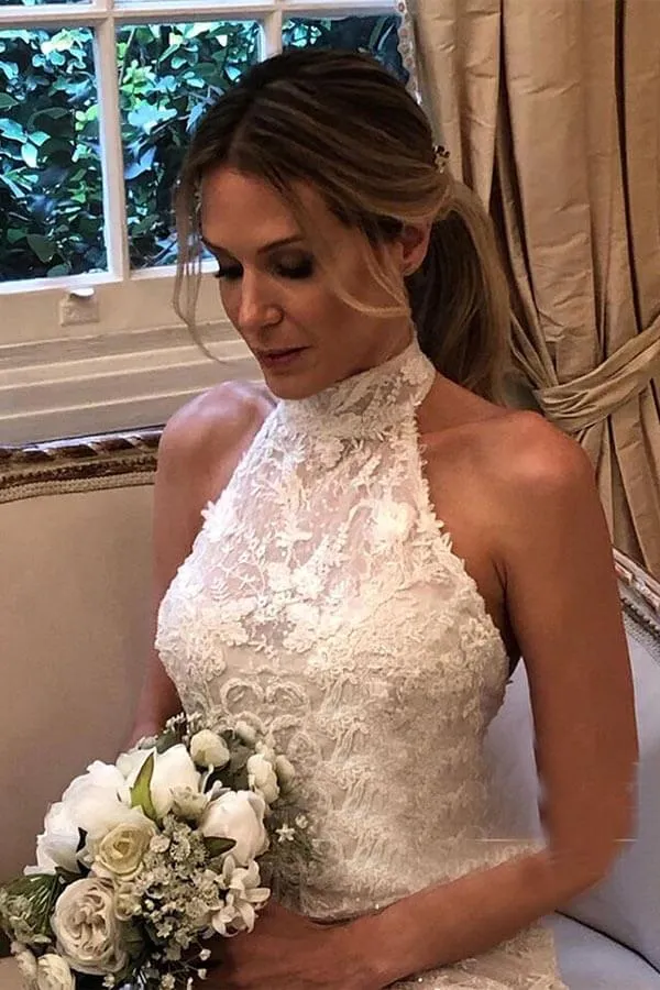 Lace Mermaid Halter Neck Backless Wedding Dresses With Court Train, MW965