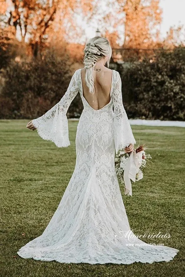 Lace Mermaid V-neck Long Sleeves Backless Vintage Wedding Dresses, MW892
