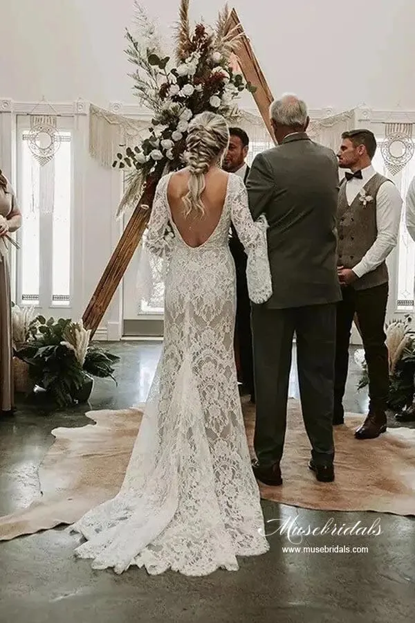 Lace Mermaid V-neck Long Sleeves Backless Vintage Wedding Dresses, MW892