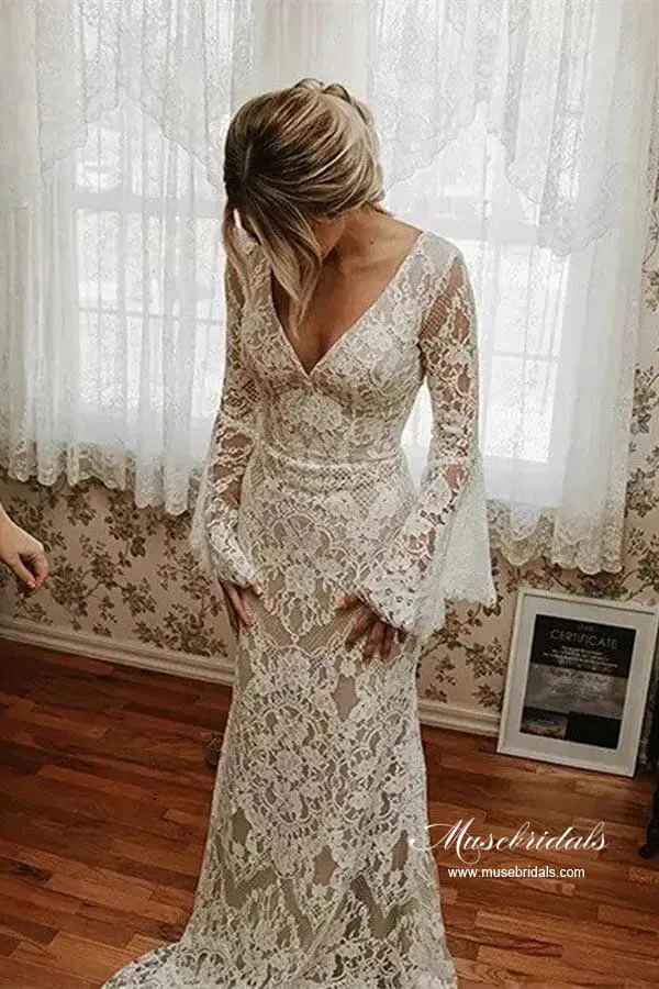 Lace Mermaid V-neck Long Sleeves Backless Vintage Wedding Dresses, MW892