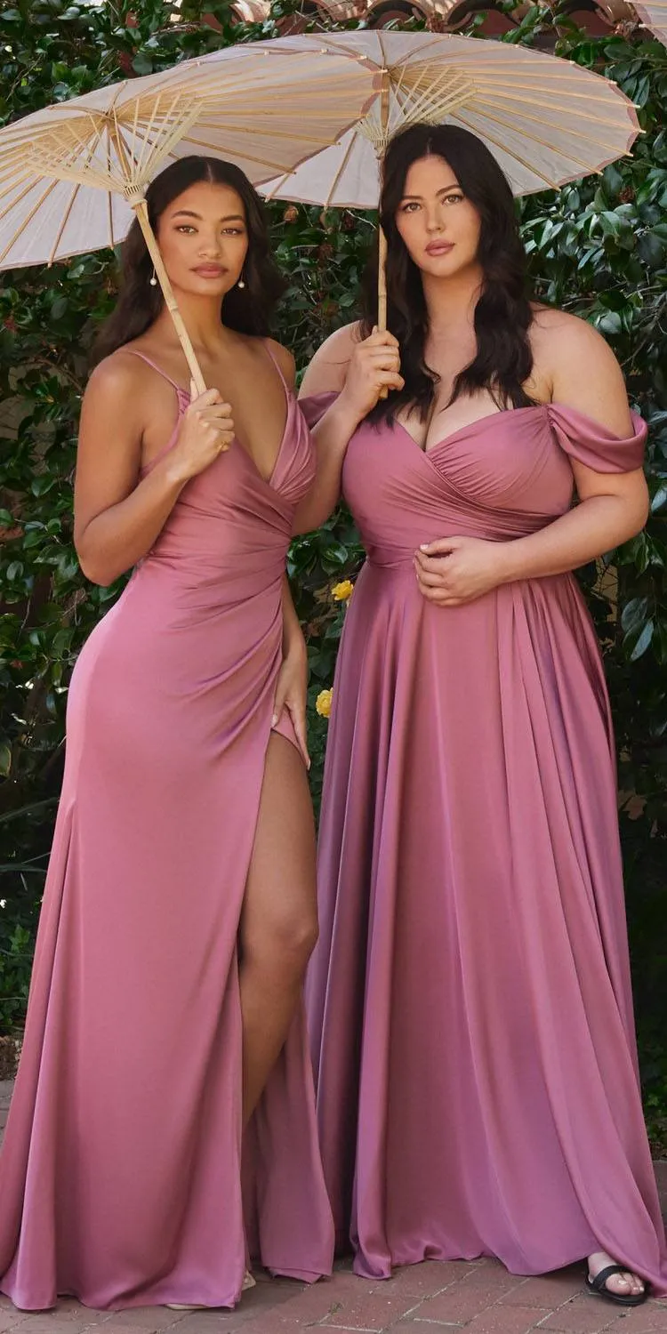 Ladivine 7494 Long Fitted Satin Ruched Dress with Slit