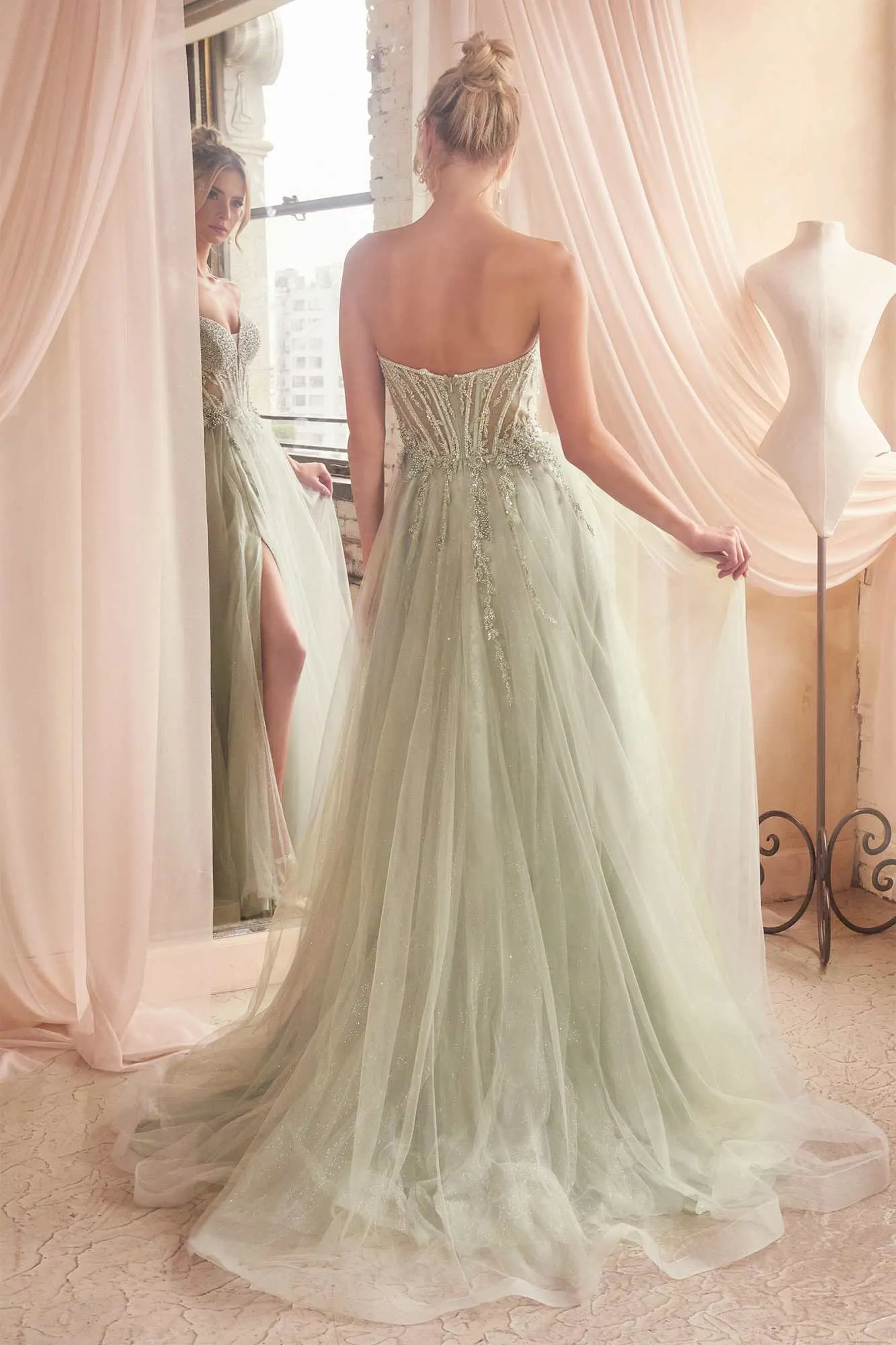 Ladivine CD0230 Long Strapless Layered Tulle Leg Slit Ballgown
