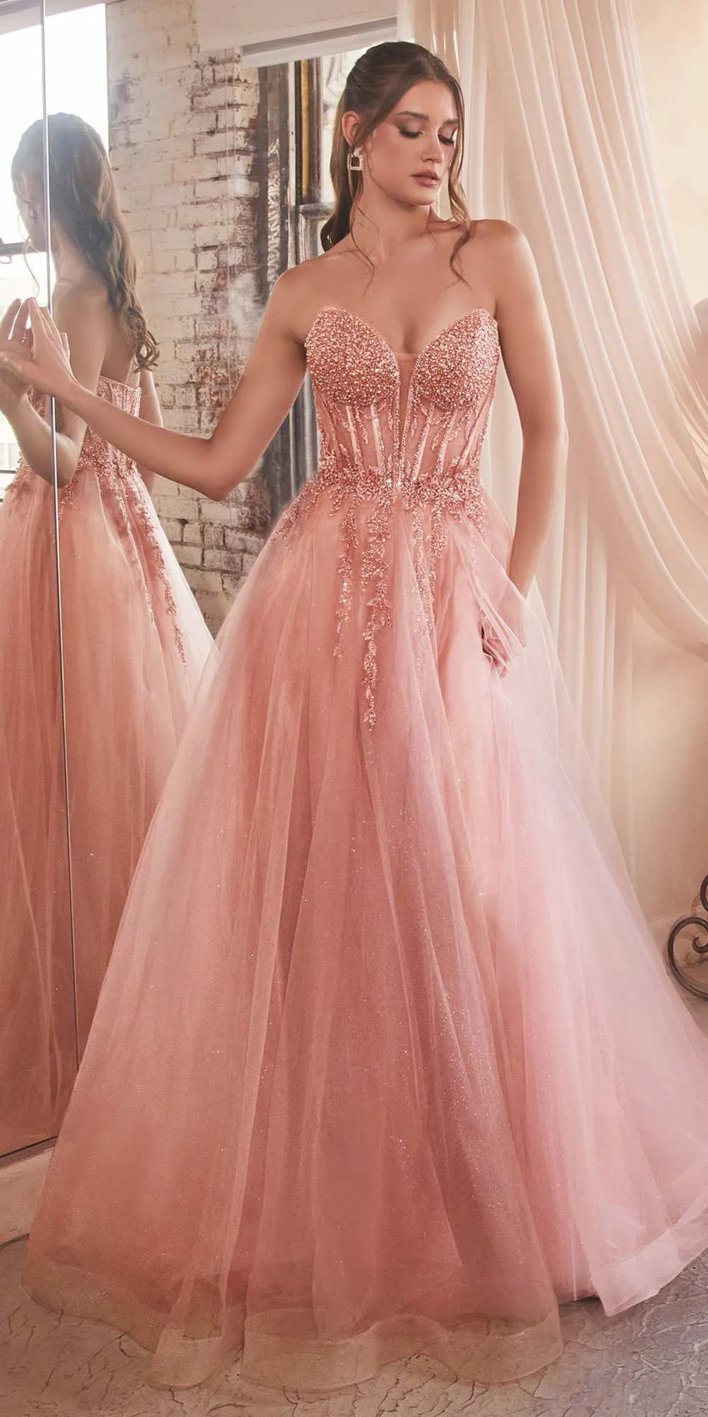Ladivine CD0230 Long Strapless Layered Tulle Leg Slit Ballgown