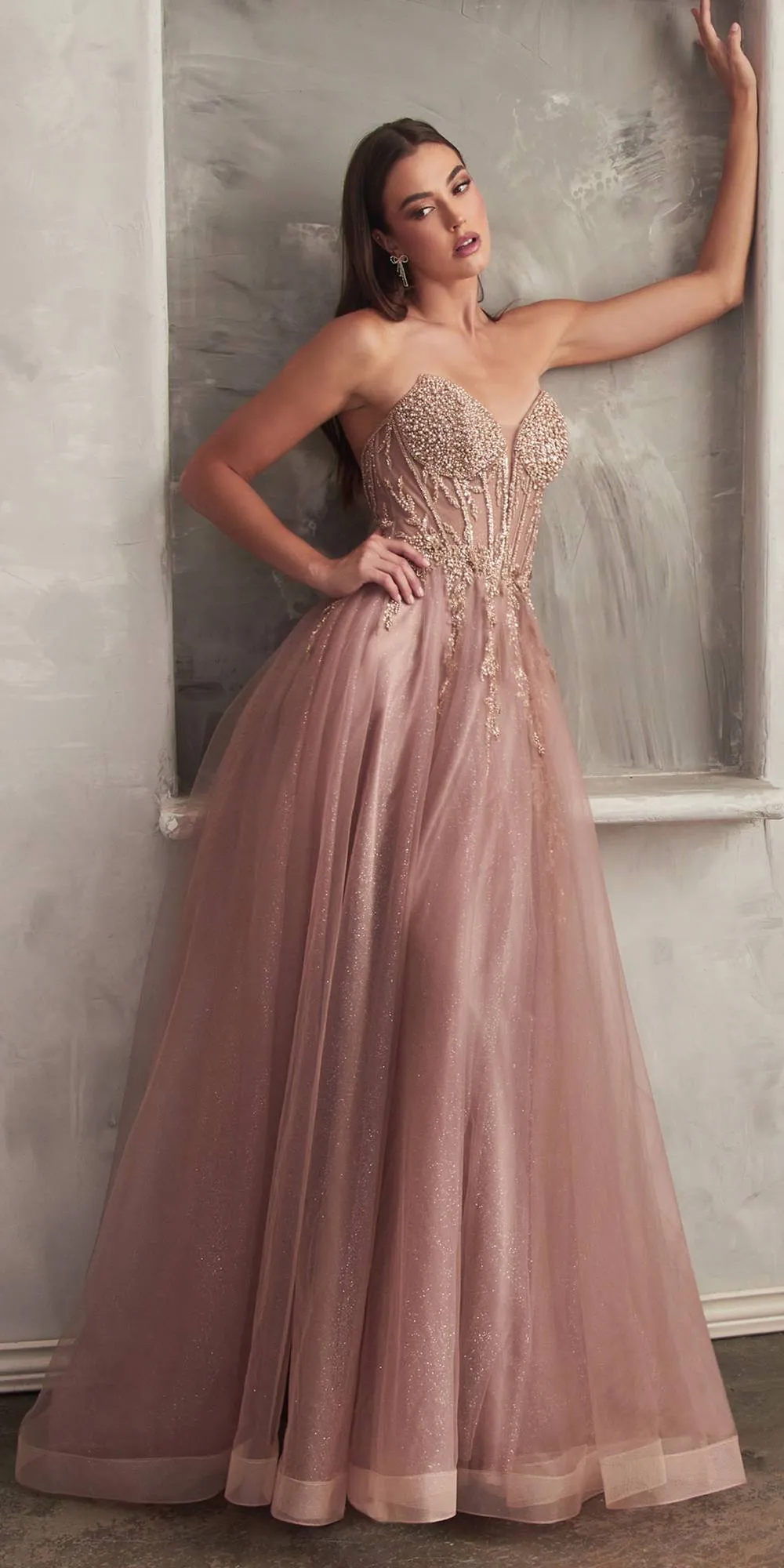 Ladivine CD0230 Long Strapless Layered Tulle Leg Slit Ballgown