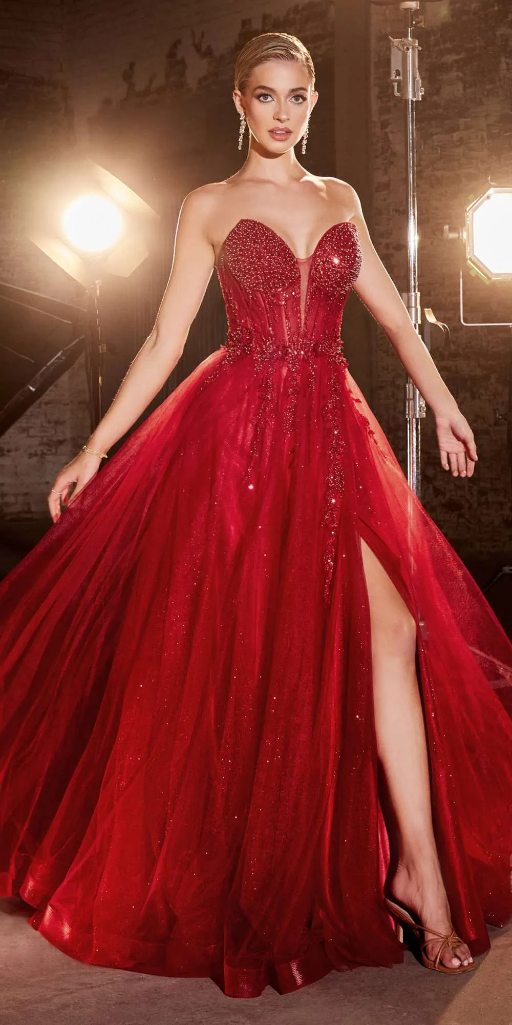 Ladivine CD0230 Long Strapless Layered Tulle Leg Slit Ballgown