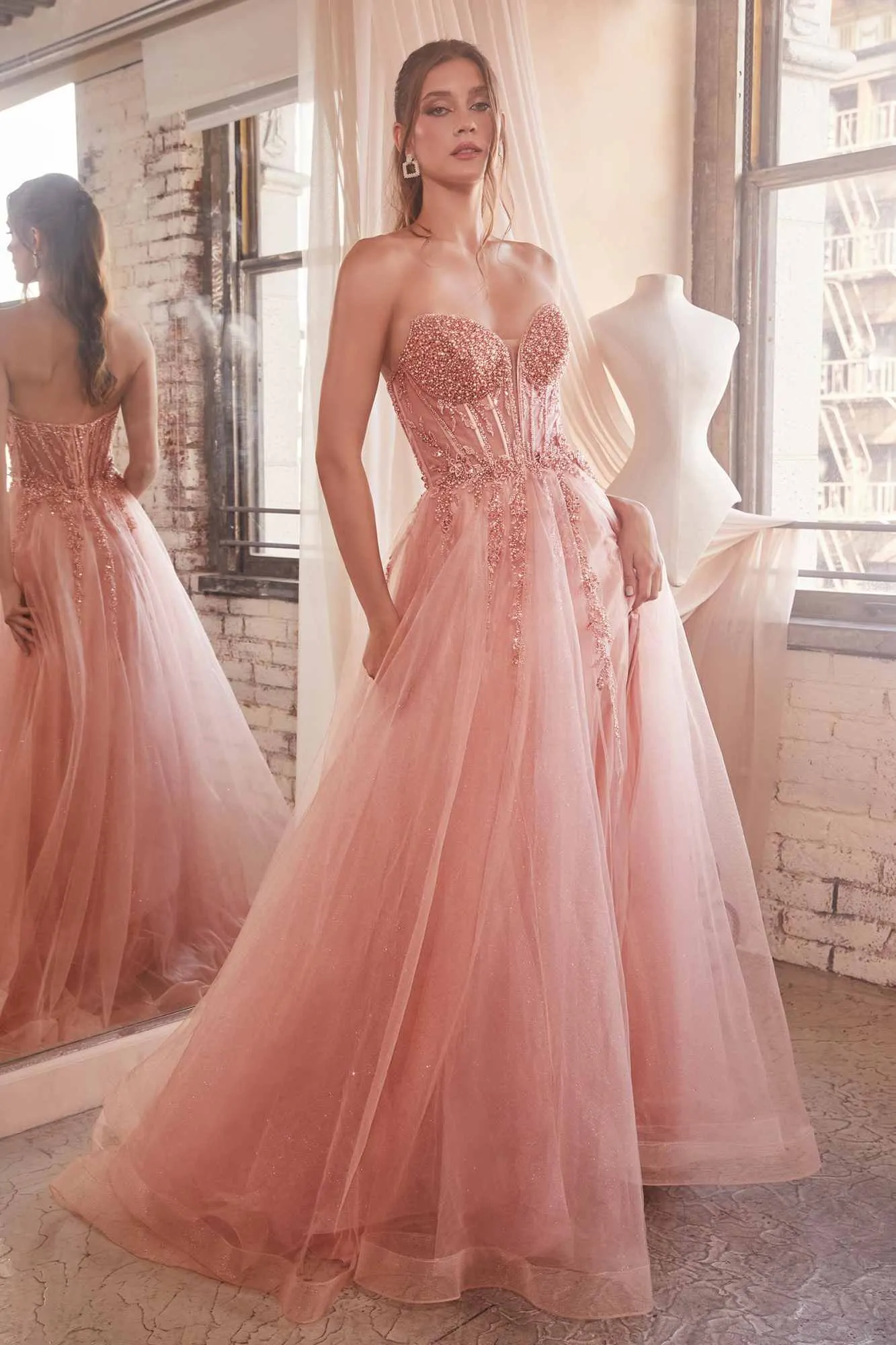 Ladivine CD0230 Long Strapless Layered Tulle Leg Slit Ballgown