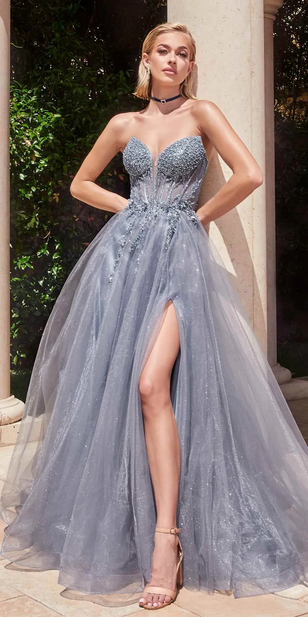 Ladivine CD0230 Long Strapless Layered Tulle Leg Slit Ballgown