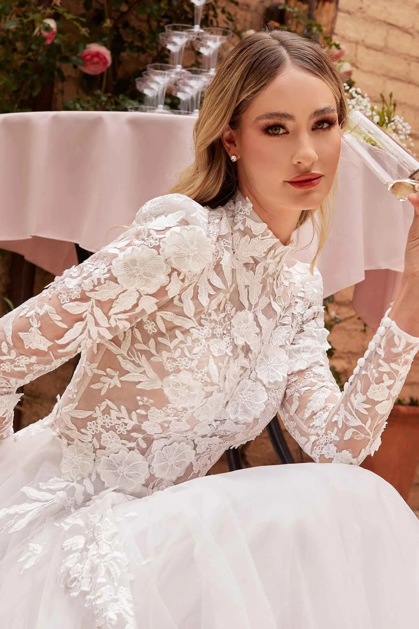 Ladivine CDS433W Floor Length Long Sleeve A-Line Lace Ballgown