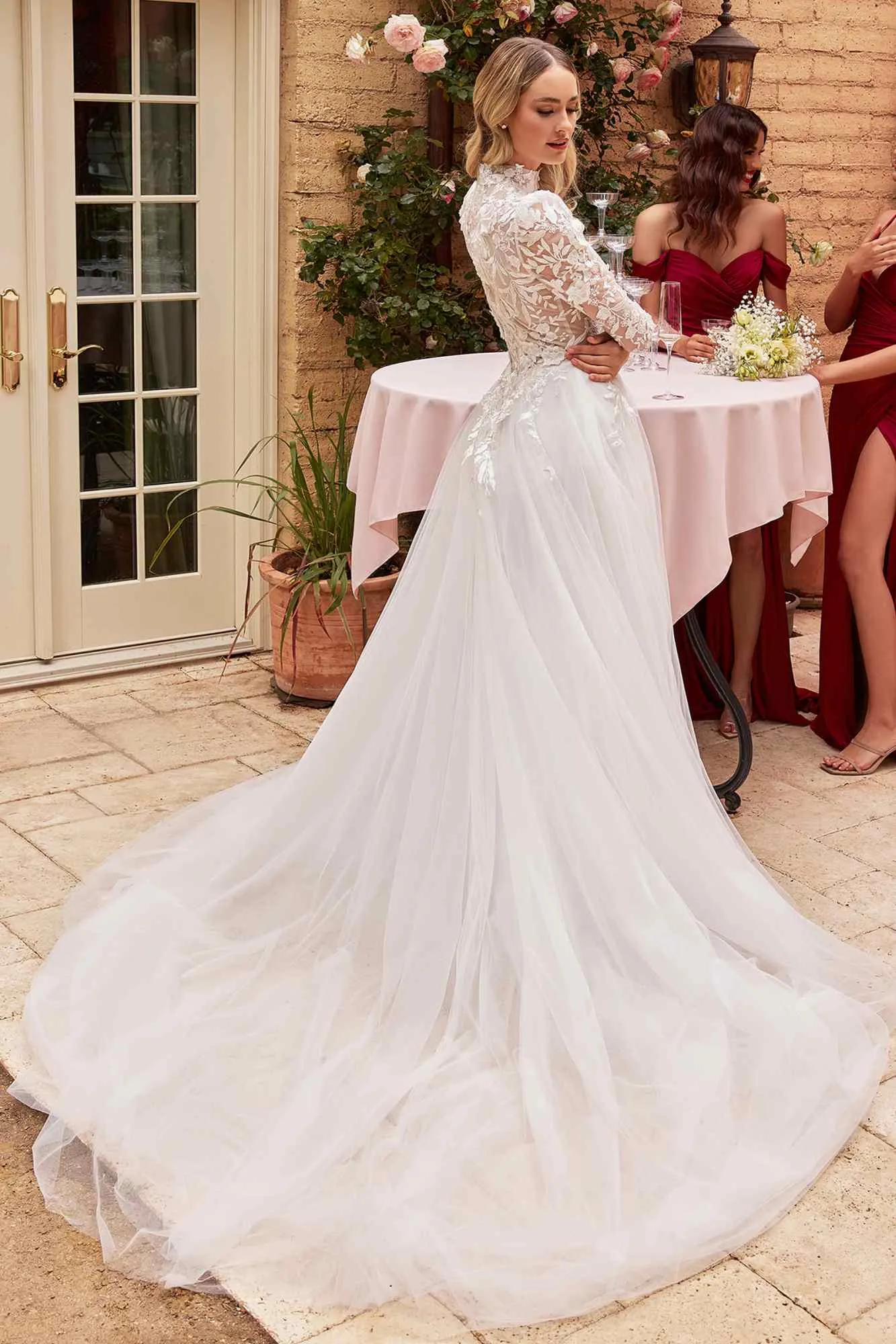 Ladivine CDS433W Floor Length Long Sleeve A-Line Lace Ballgown