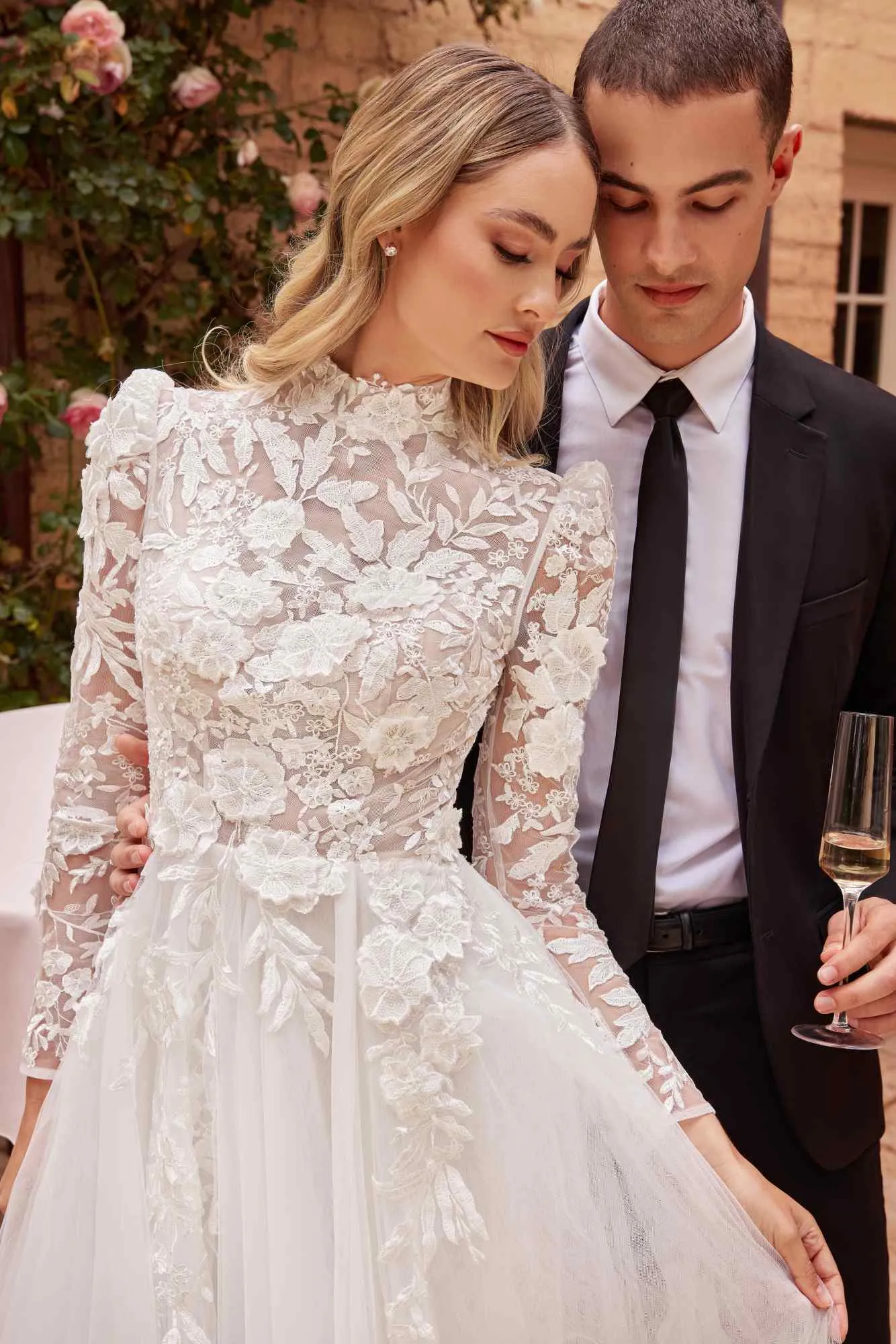 Ladivine CDS433W Floor Length Long Sleeve A-Line Lace Ballgown