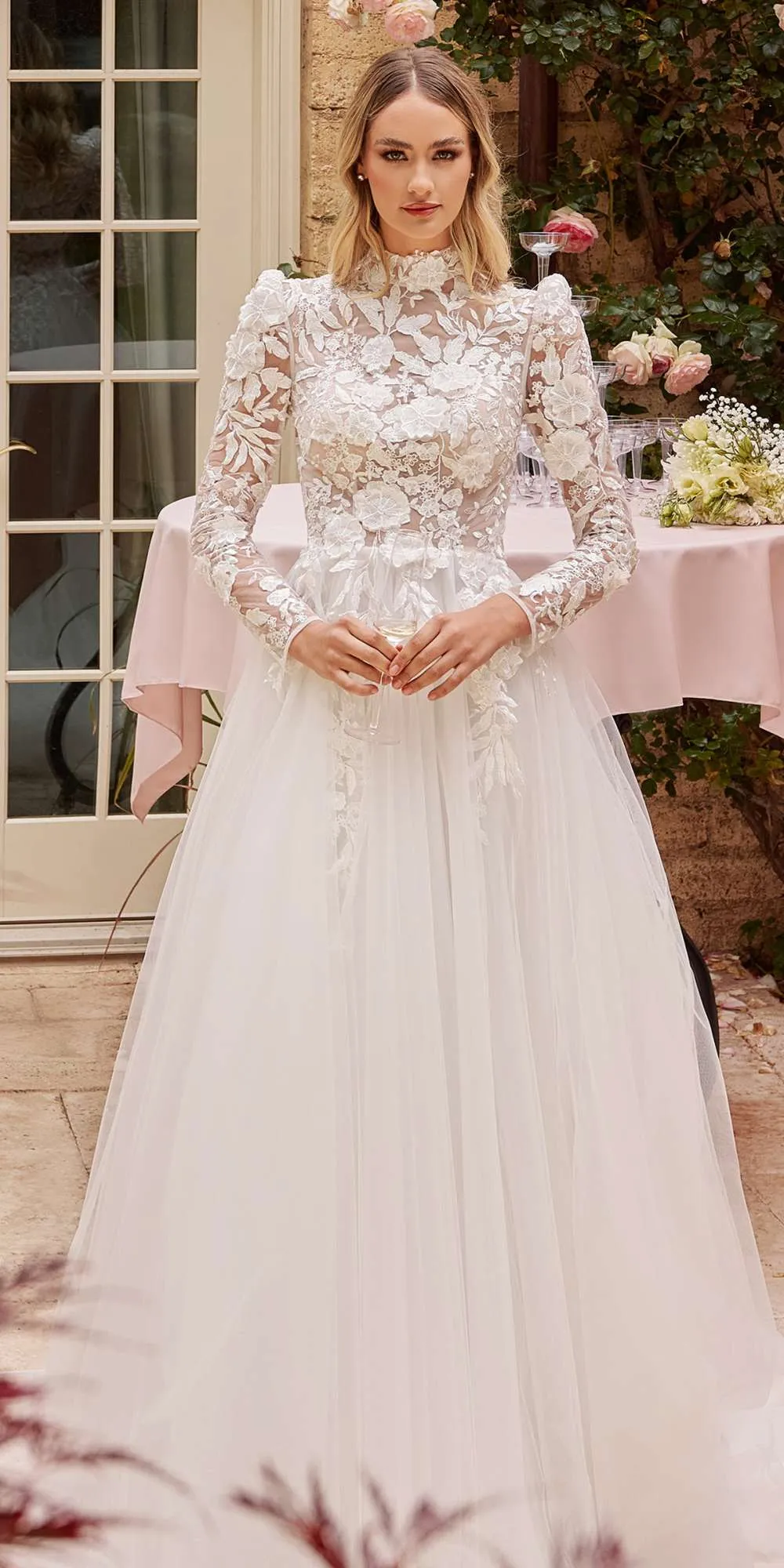 Ladivine CDS433W Floor Length Long Sleeve A-Line Lace Ballgown