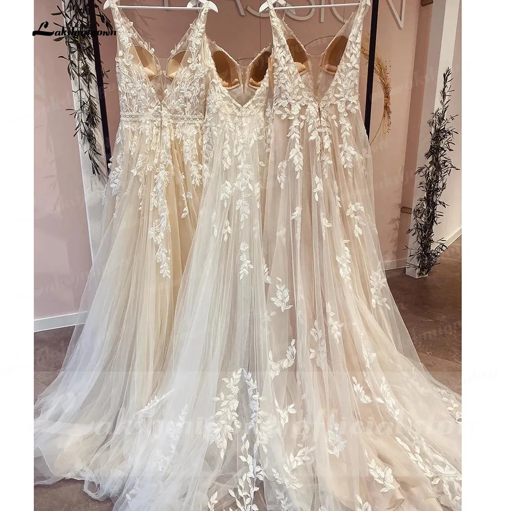 Lakshmigown V Neck Lace Appliques Wedding Dresses Champagne Bridal Gowns A Line Wedding Gown estido de noiva praiano