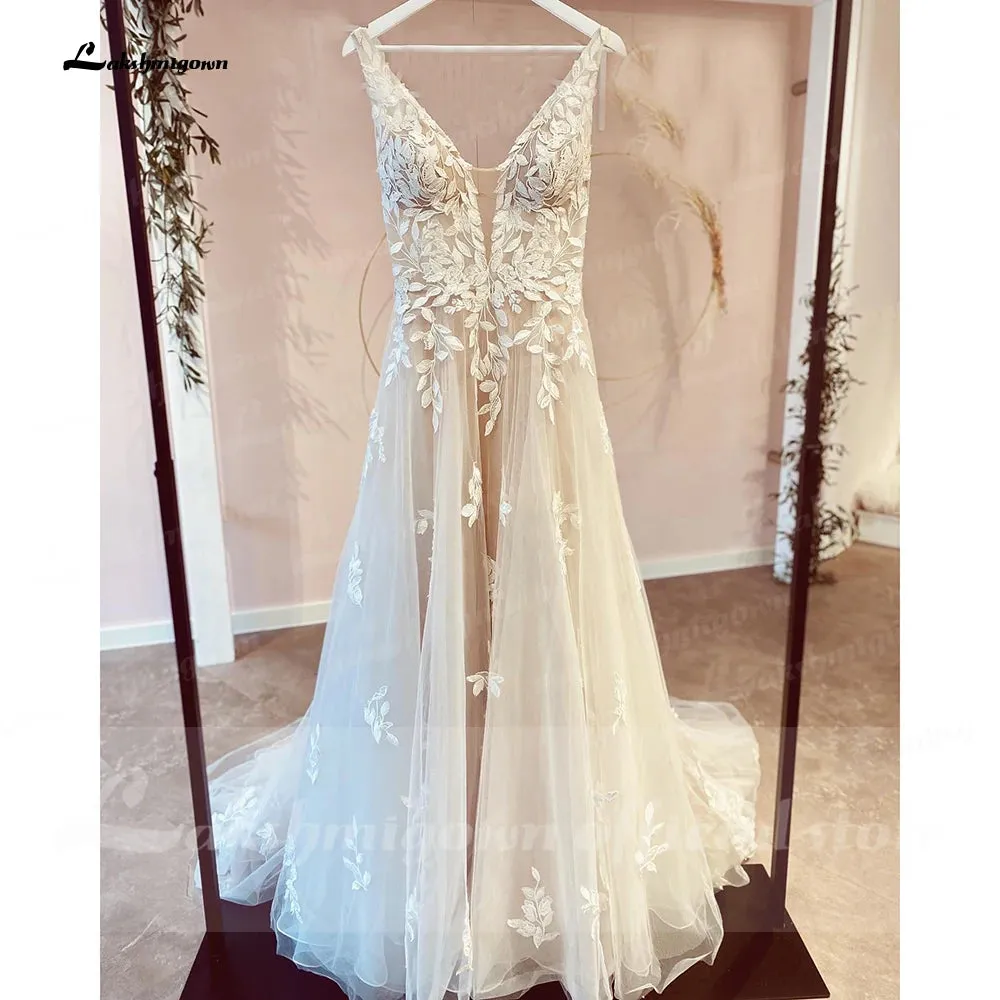Lakshmigown V Neck Lace Appliques Wedding Dresses Champagne Bridal Gowns A Line Wedding Gown estido de noiva praiano